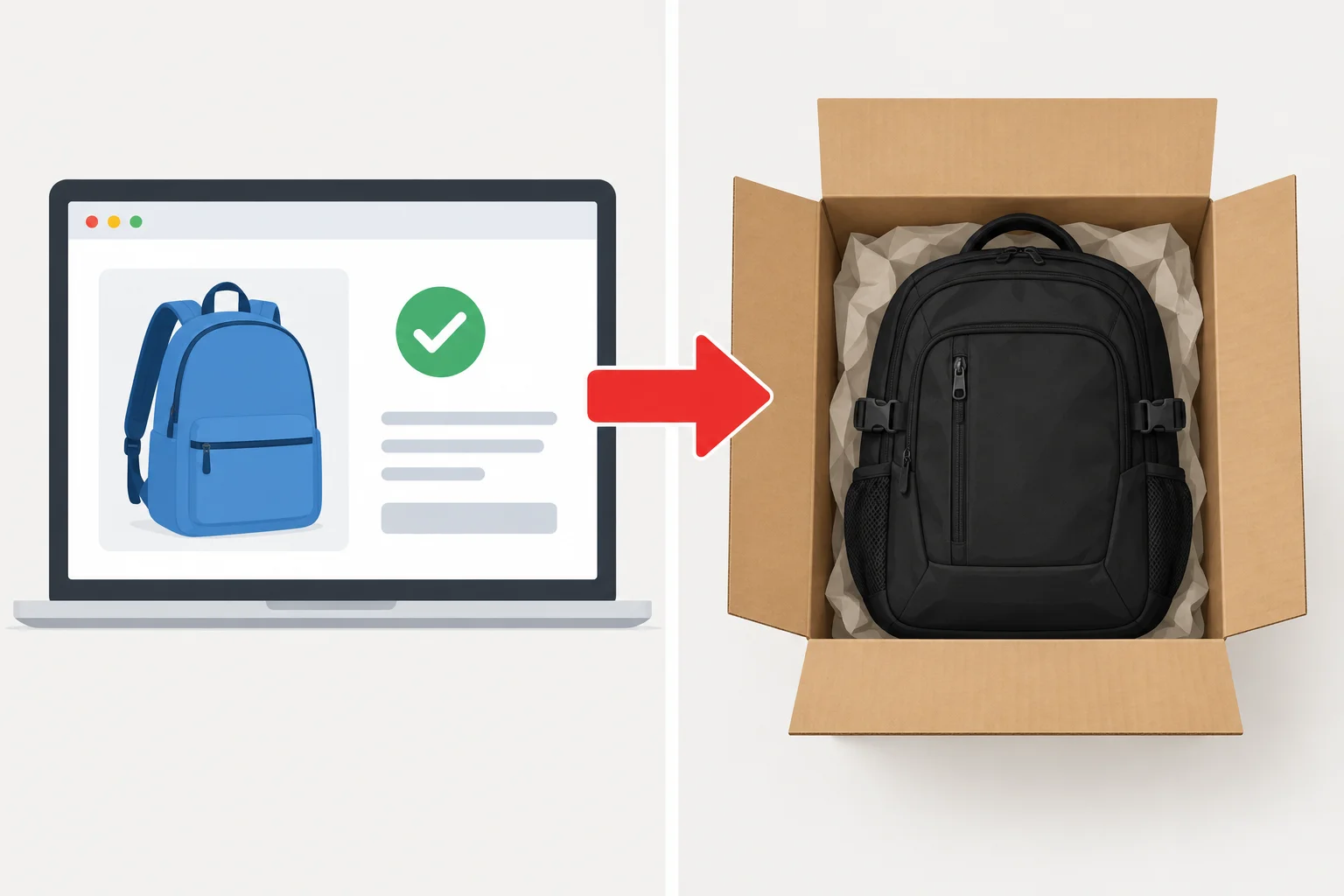 Comparação entre uma mochila azul esperada em um pedido e uma mochila preta recebida.
