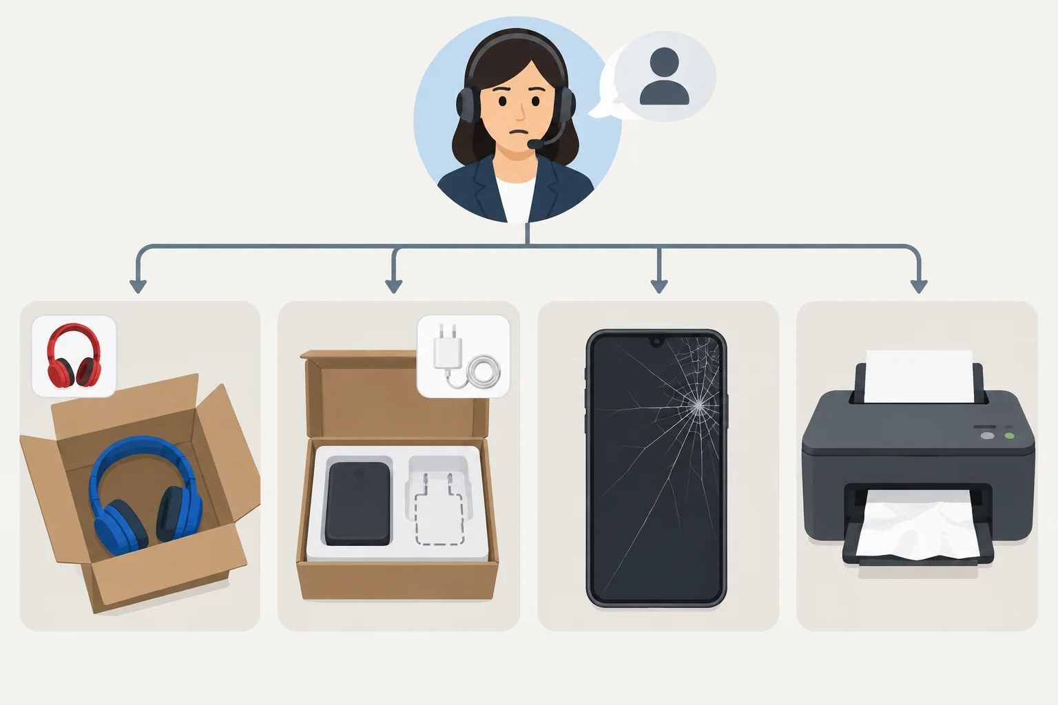 Quatro situações: item de cor errada, acessório ausente, tela rachada e impressora que não funciona.