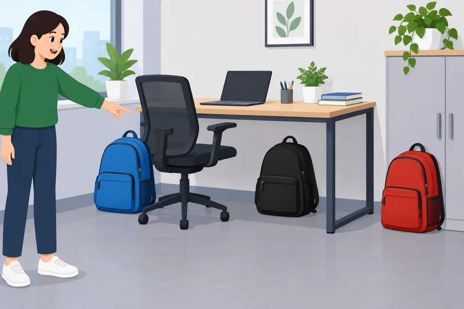 Três mochilas diferentes em um escritório: uma azul perto de uma cadeira, uma preta sob uma mesa e uma vermelha perto de um armário.