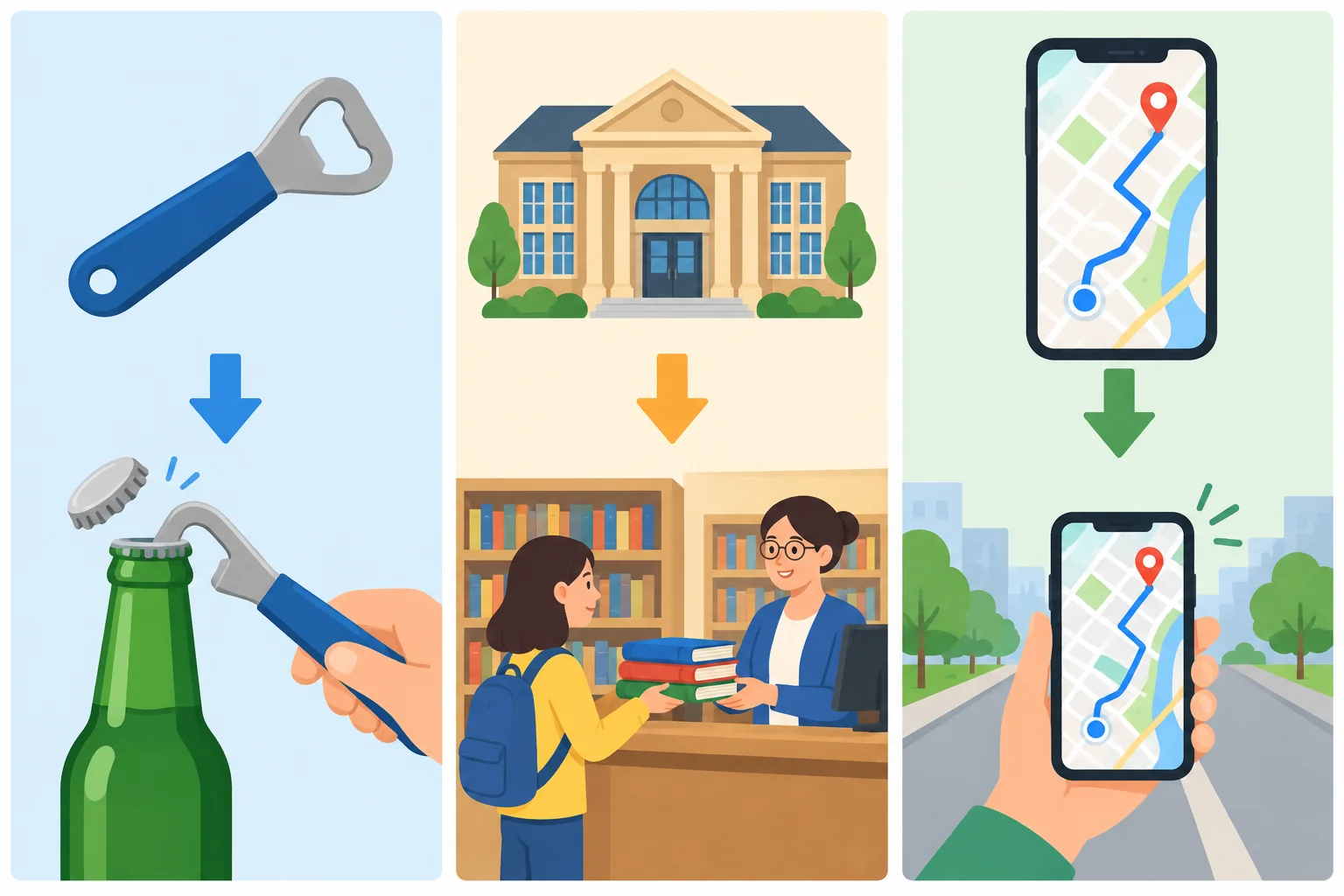 Três exemplos visuais de categoria e função: uma ferramenta abrindo uma garrafa, uma biblioteca emprestando livros e um celular ajudando na navegação.