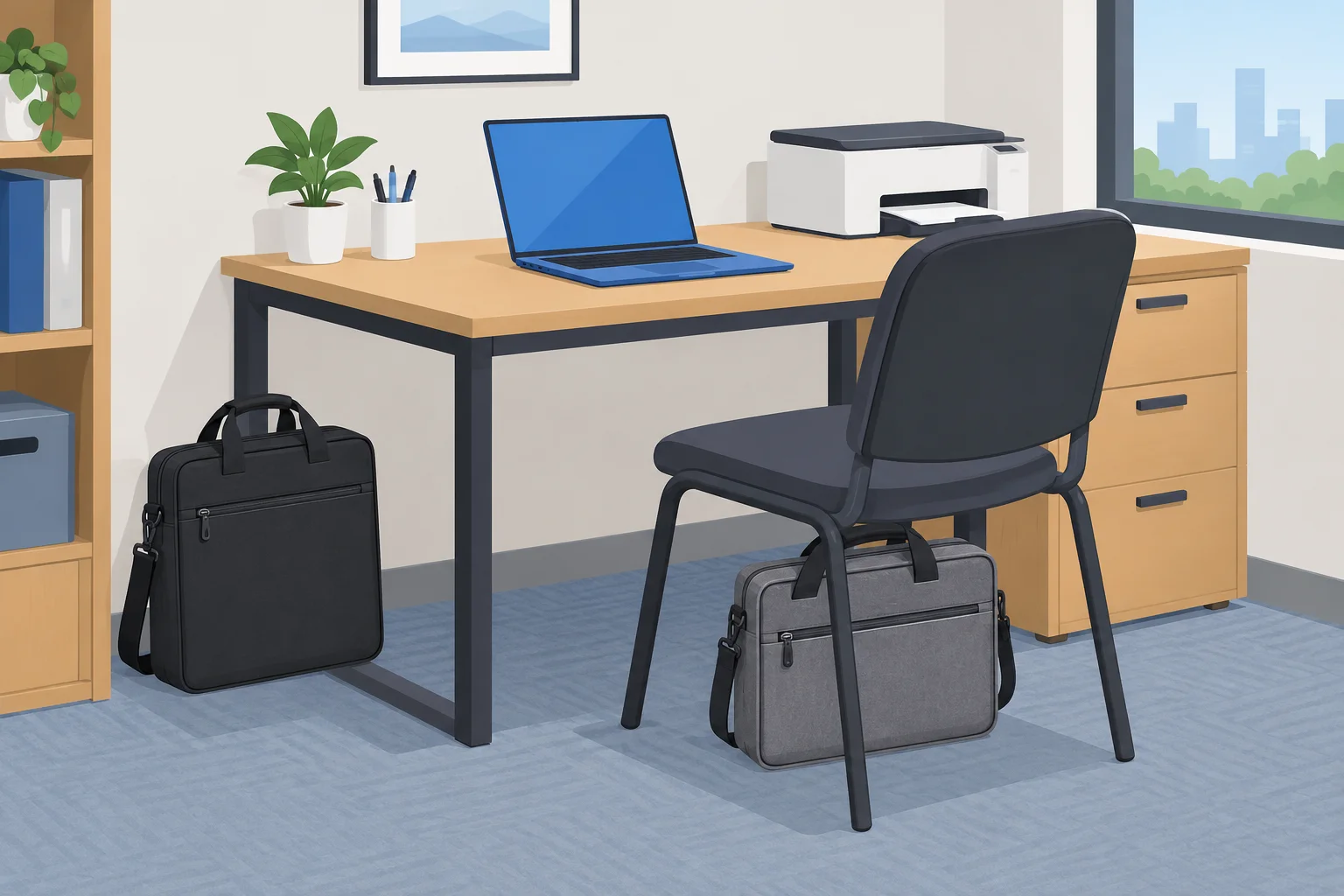 Cena com duas bolsas de laptop parecidas: uma preta ao lado da mesa e uma cinza embaixo da cadeira.