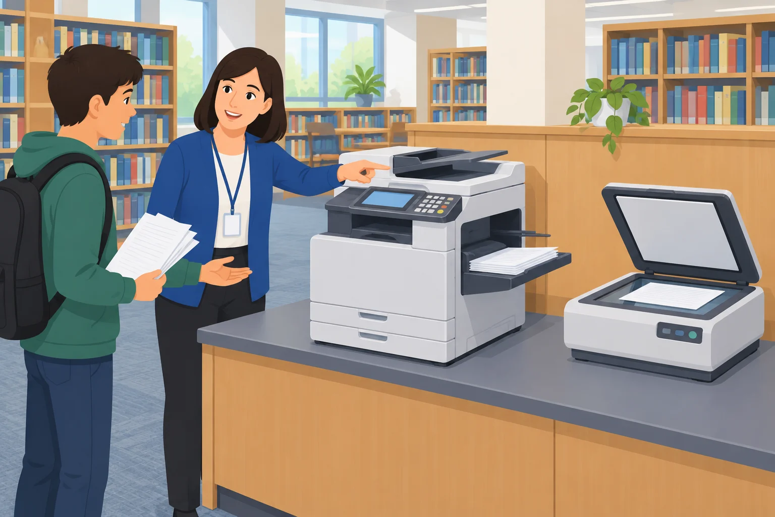 Em uma biblioteca, há uma copiadora com folhas saindo e um scanner com a tampa aberta. A pessoa precisa indicar a copiadora.