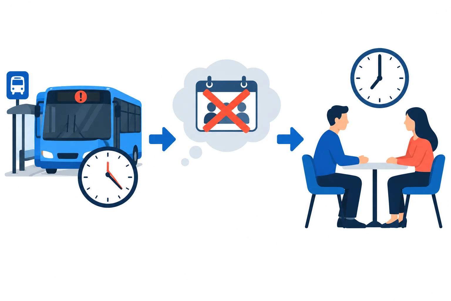 Diagrama com ônibus atrasado, expectativa de encontro cancelado e encontro que ainda acontece.