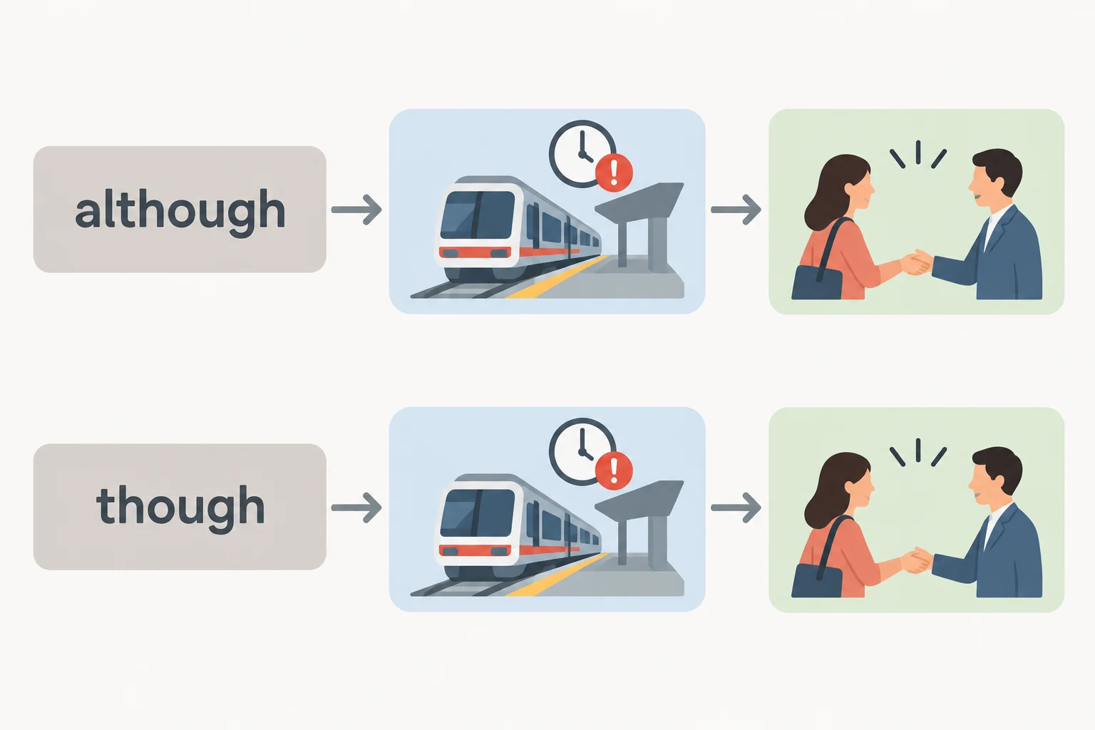 Diagrama com dois caminhos paralelos: although e though ligam a mesma dificuldade, representada por um trem atrasado, à mesma ação principal, representada por um encontro.
