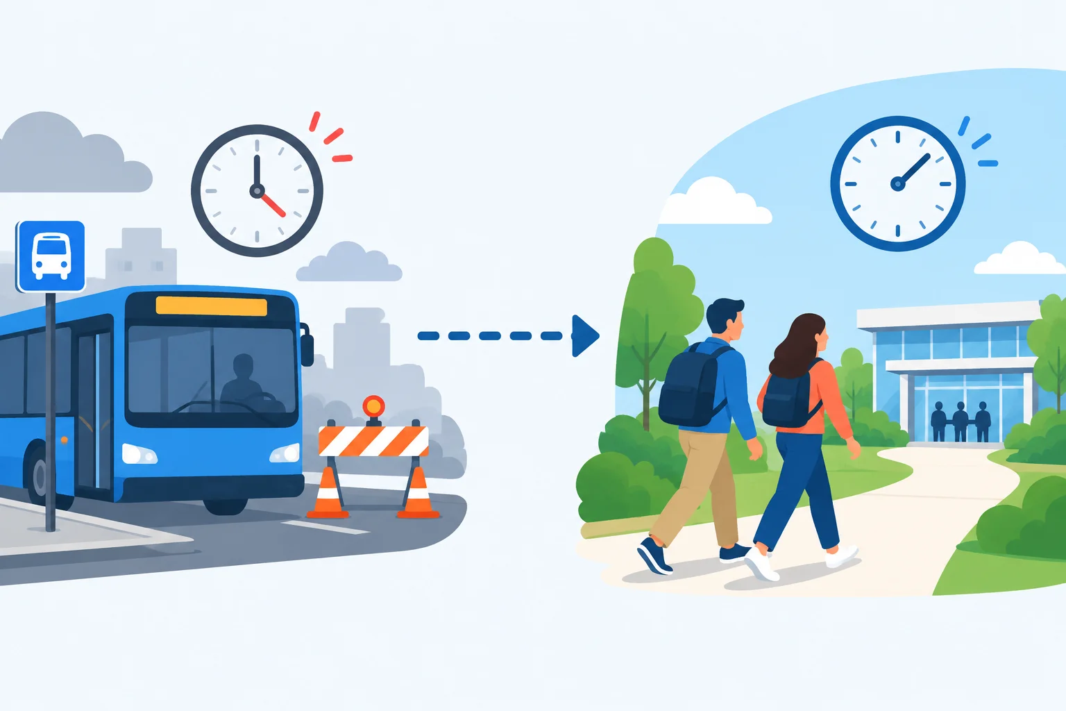 Diagrama mostrando um ônibus atrasado, a expectativa de que o plano seria cancelado e pessoas que continuam a caminho da reunião.