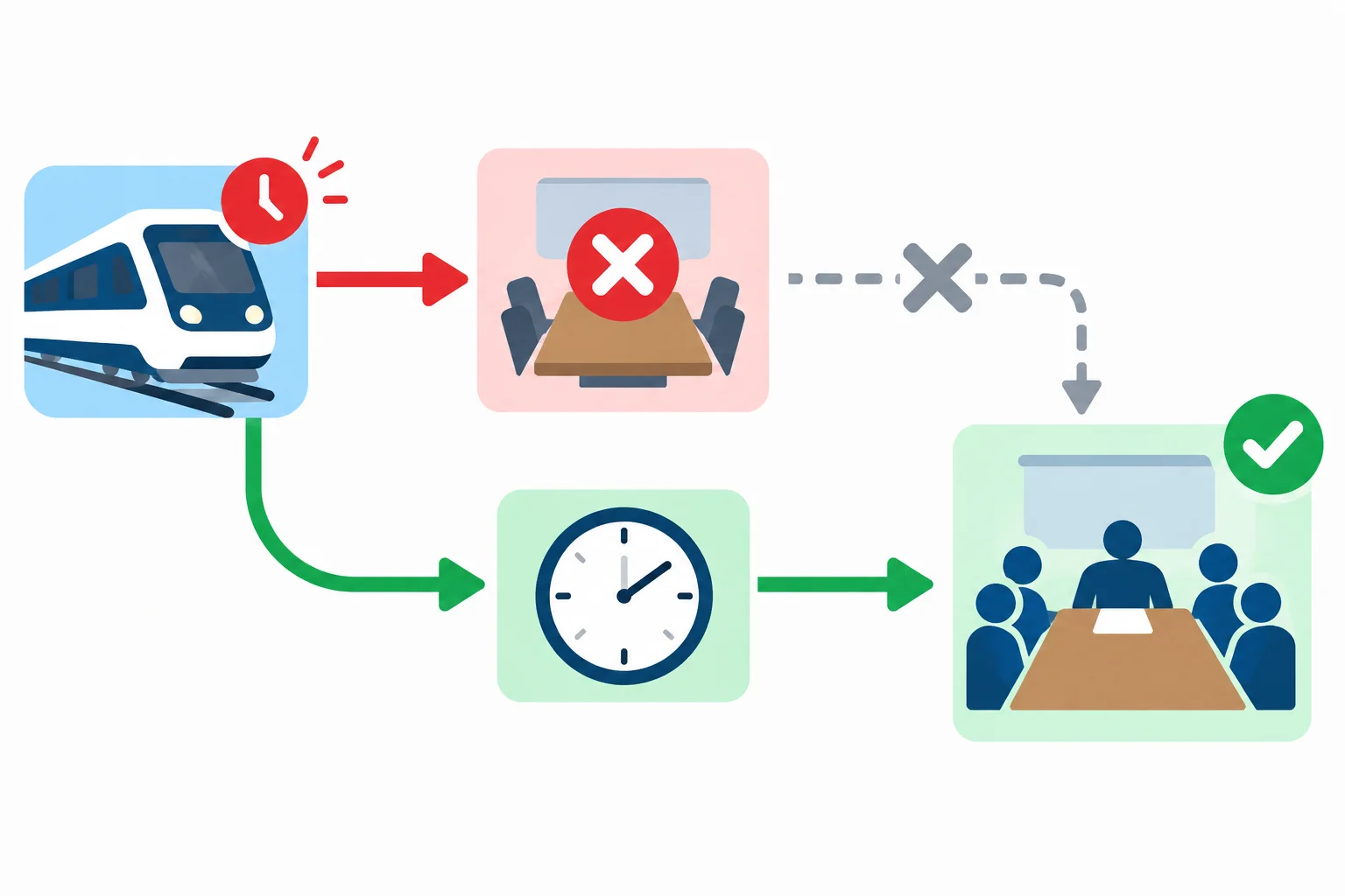 Diagrama com um trem atrasado, uma expectativa de cancelamento e um caminho que segue até uma reunião no horário.