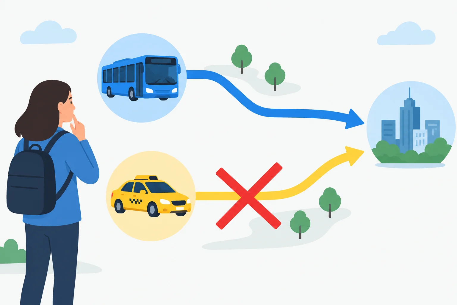 Diagrama mostra um ônibus como opção escolhida e um táxi deixado de lado para o mesmo destino.