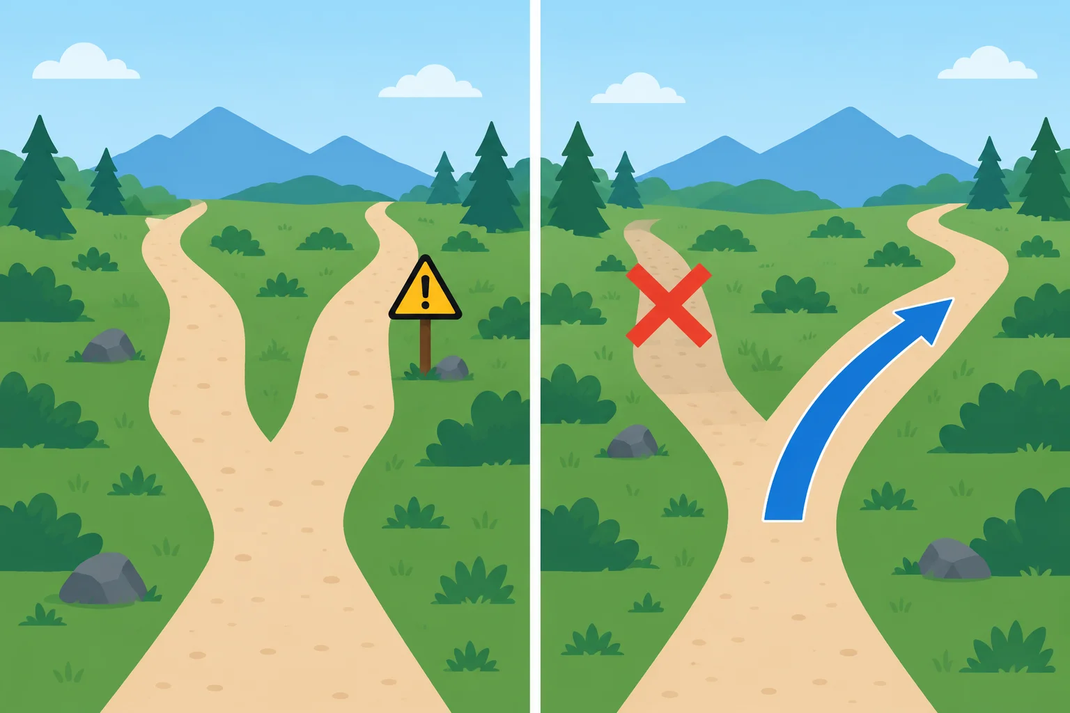 Comparação visual: à esquerda, duas informações continuam válidas apesar de um obstáculo; à direita, uma opção é deixada de lado e outra a substitui.