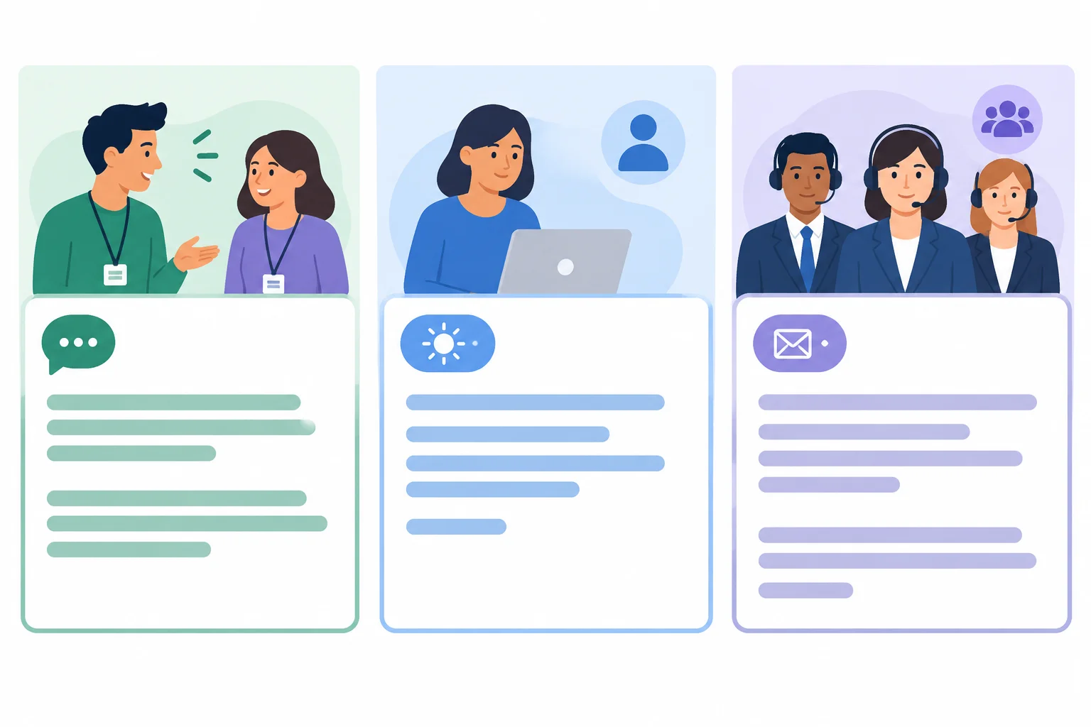 Diagrama com três cartões de mensagem: conversa entre colegas próximos, contato cotidiano neutro e mensagem para atendimento.