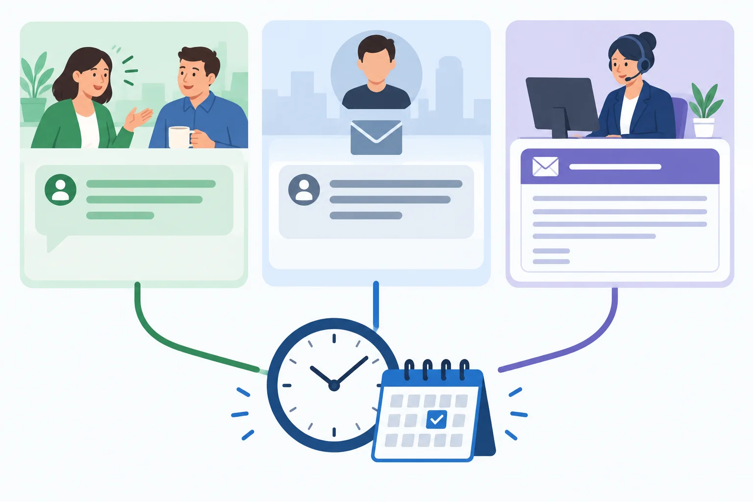 Diagrama com três mensagens para contextos diferentes ligadas ao mesmo ícone de relógio e atividade.