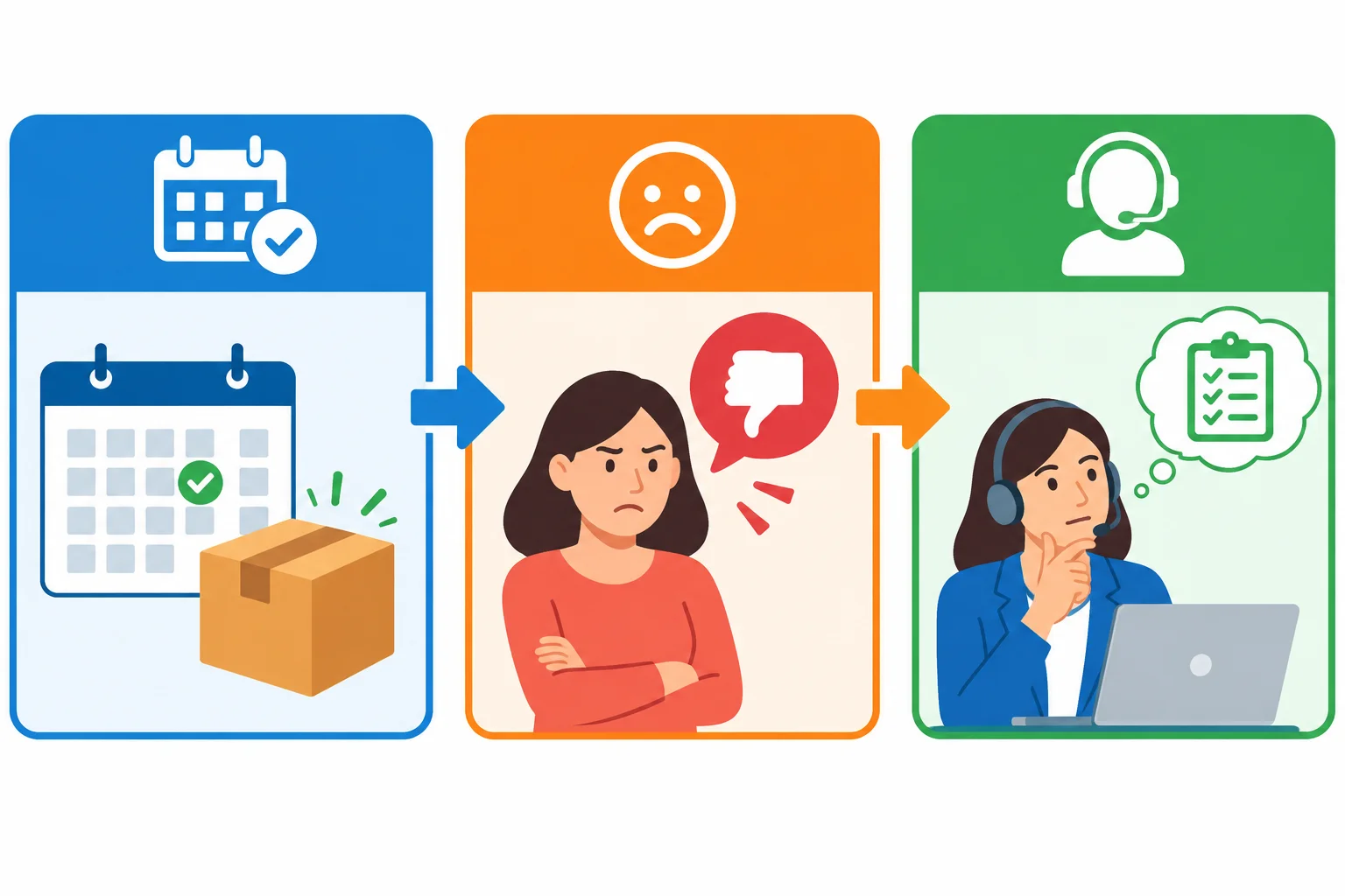 Diagrama com três blocos conectados: divergência observável, avaliação de insatisfação e pedido de encaminhamento.