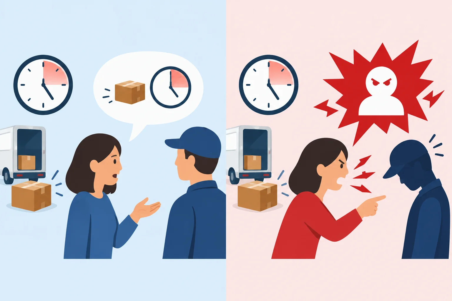 Comparação visual entre uma reclamação focada no atraso de uma entrega e um ataque dirigido à pessoa que atende.
