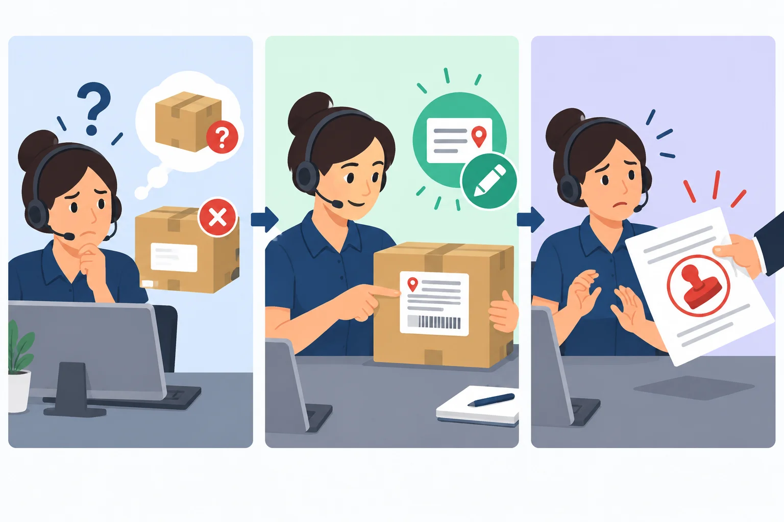 Comparação visual entre um pedido vago, um pedido que indica uma ação sobre um objeto e uma afirmação que presume uma decisão.