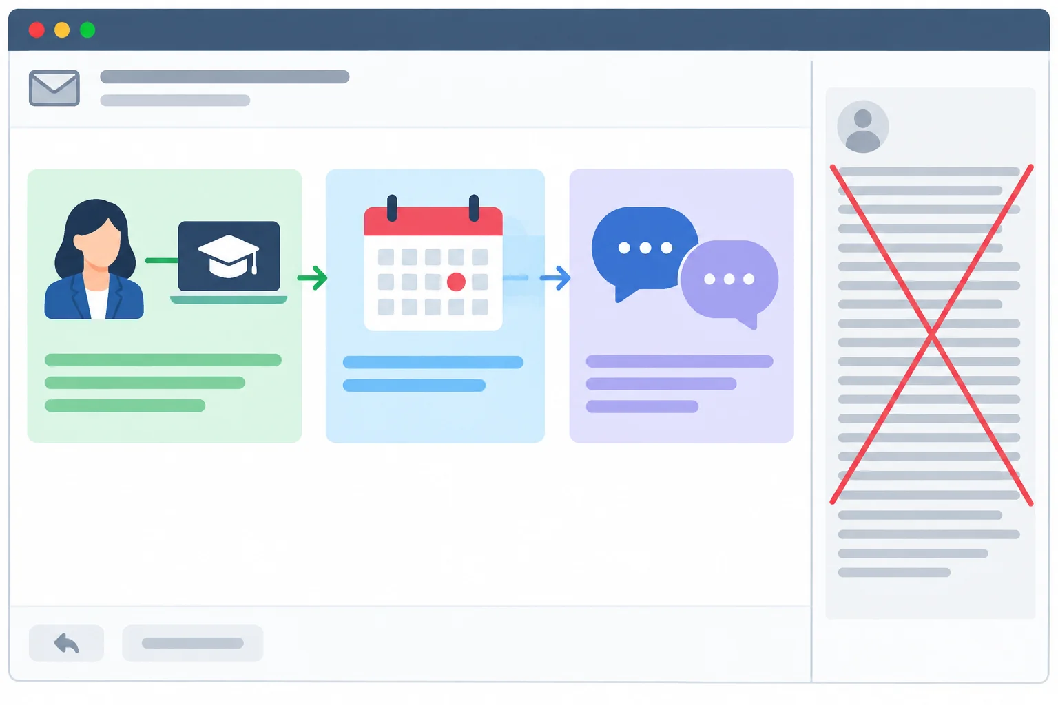 Diagrama de um e-mail com identificação de quem escreve, referência a uma atividade e a uma conversa anterior, contrastado com uma biografia longa dispensável.