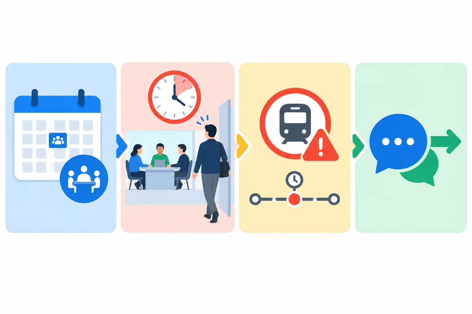 Diagrama com quatro partes conectadas: compromisso marcado, consequência do impedimento, motivo suficiente e próximo passo.