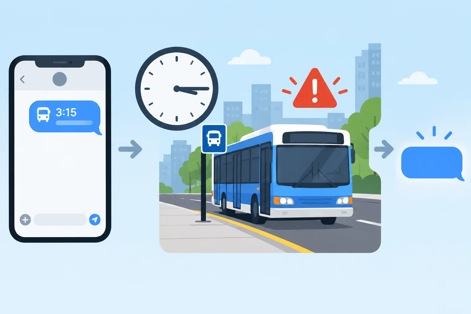 Celular com uma mensagem anterior ligada ao horário de 3:15, ônibus parado e uma nova mensagem em preparação.