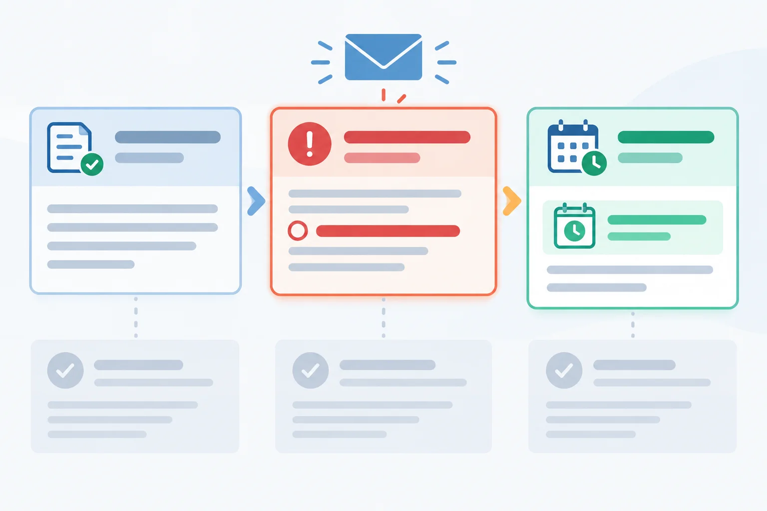 Diagrama com a referência ao pedido, a pendência atual e uma nova data relevante em destaque; detalhes antigos aparecem apagados ao fundo.