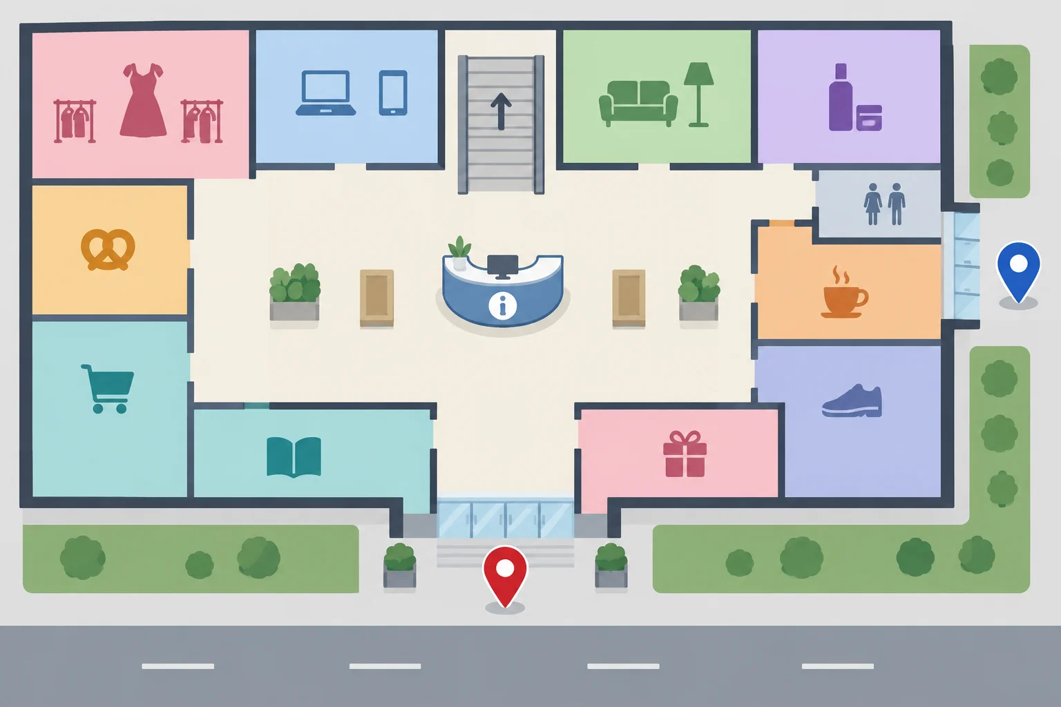 Planta de um shopping fictício com uma entrada principal na parte inferior, uma entrada lateral à direita e dois marcadores em entradas diferentes.