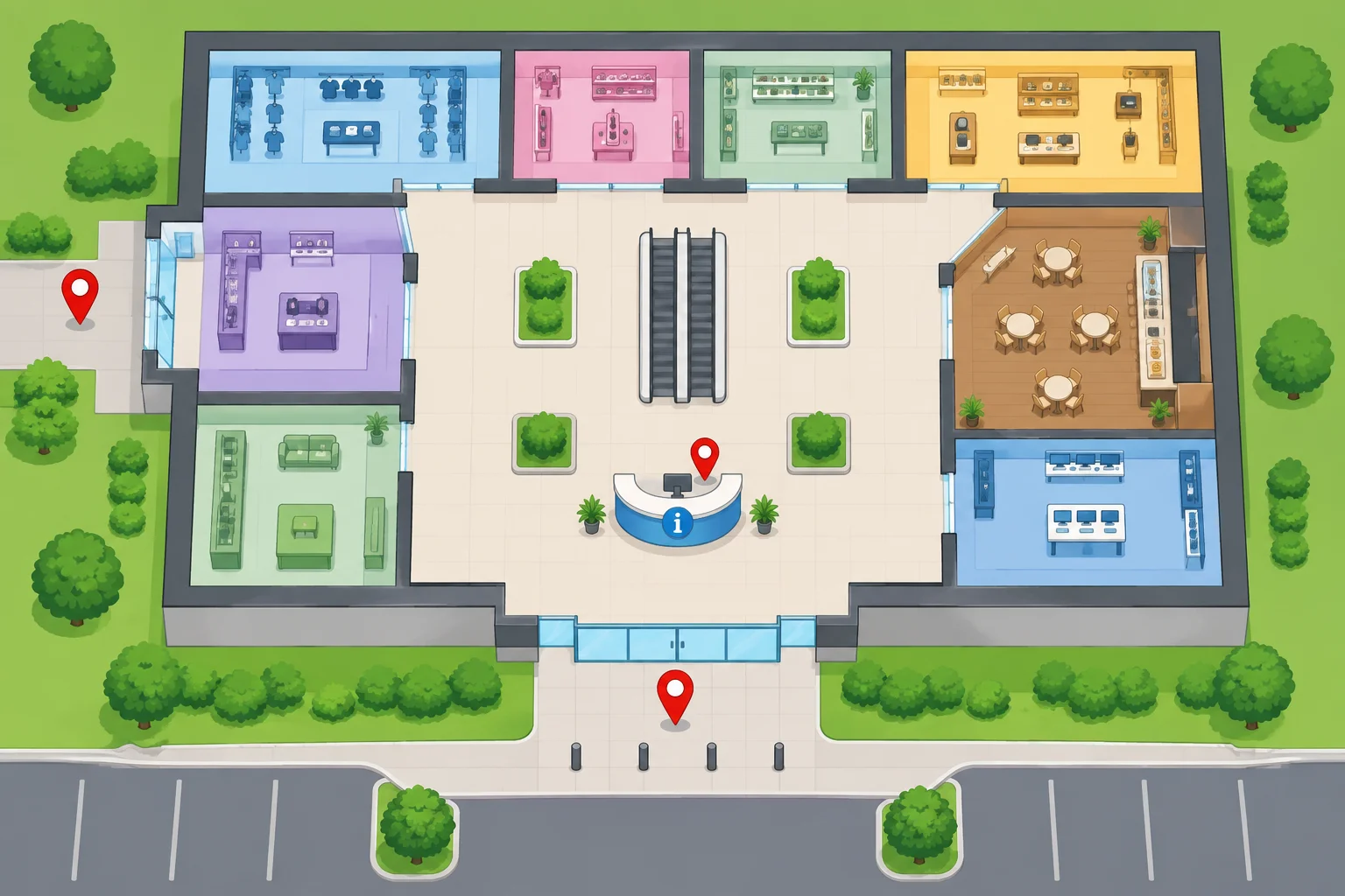 Planta de um shopping com entrada principal, entrada lateral e balcão de informações perto da entrada principal; um marcador mostra o prédio e outro mostra o ponto exato ao lado do balcão.