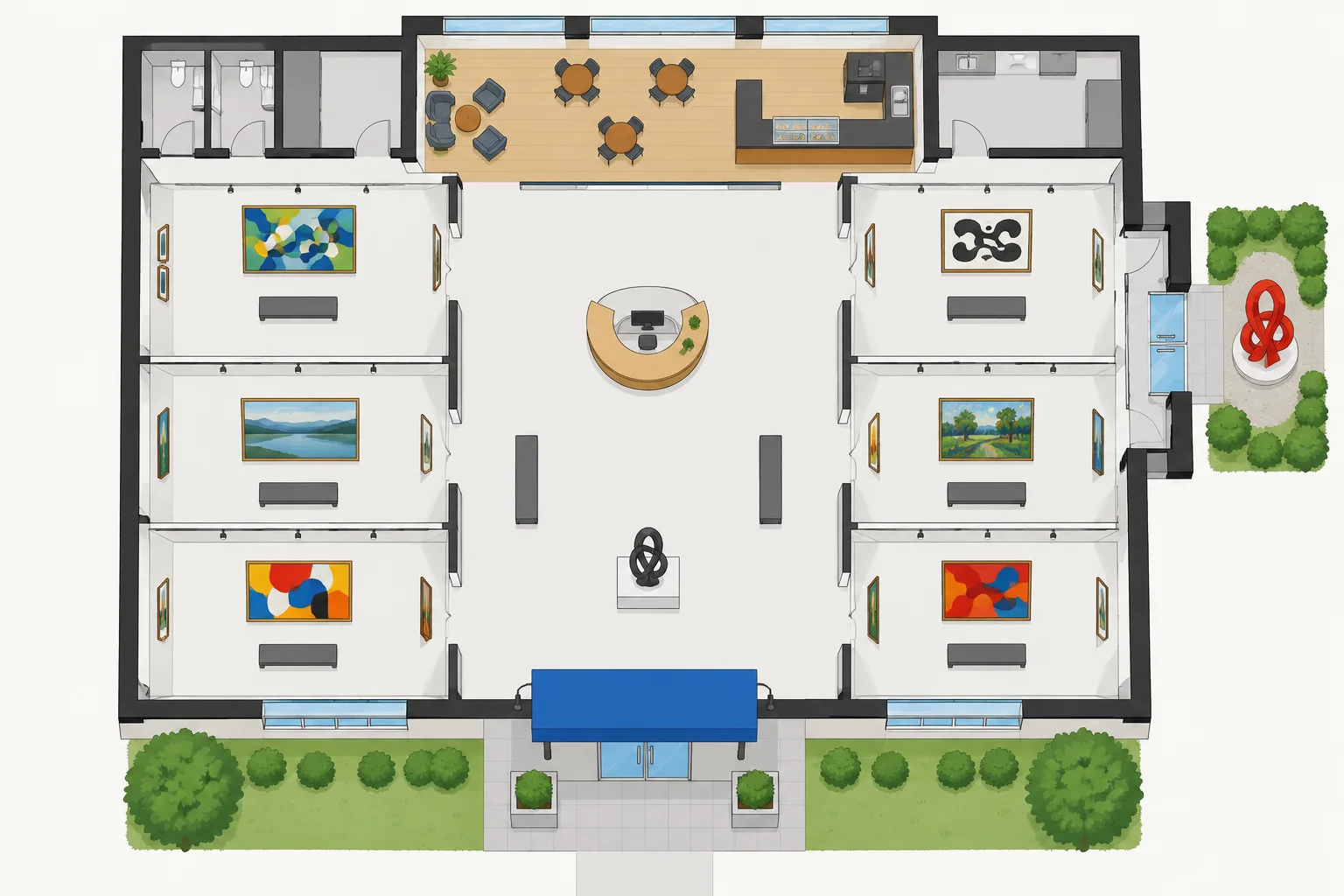 Planta vista de cima: entrada principal ao sul sob cobertura azul, entrada lateral a leste junto a uma escultura vermelha, balcão de informações no centro e café ao norte.