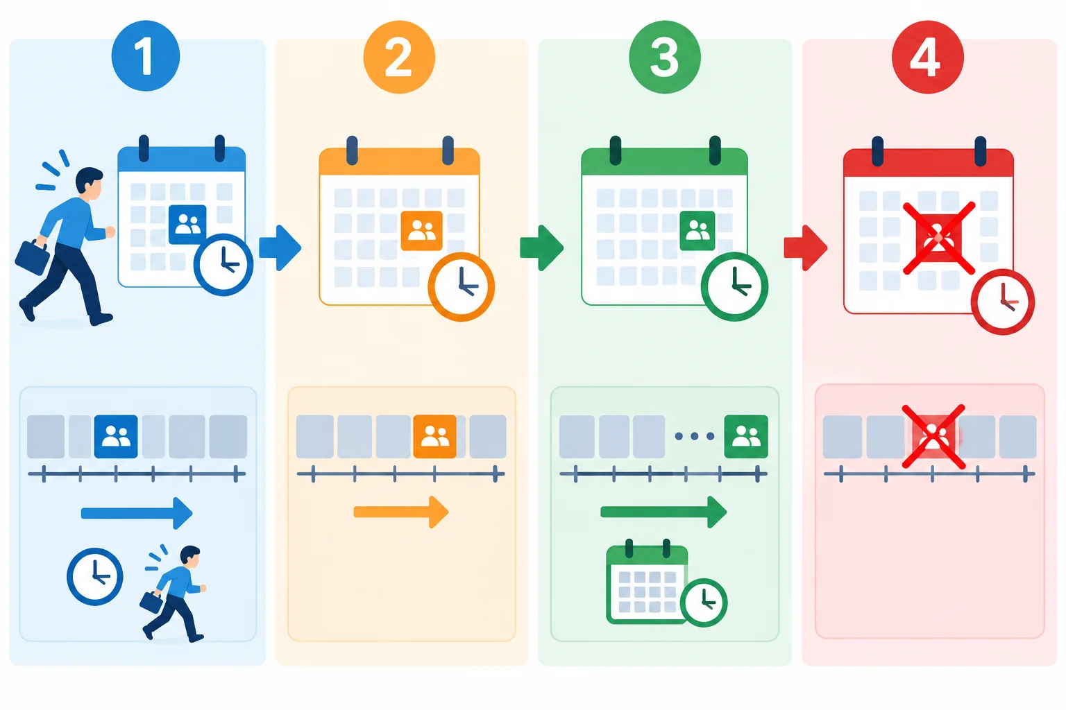 Comparação visual: atraso mantém o encontro previsto, reschedule move para outro horário ou data, postpone leva para mais tarde e cancel elimina o encontro.