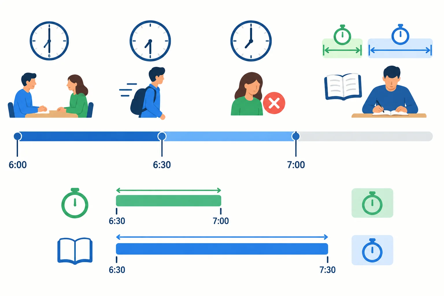 Linha do tempo comparando o encontro original de uma hora com os 30 minutos que restam após a chegada atrasada.