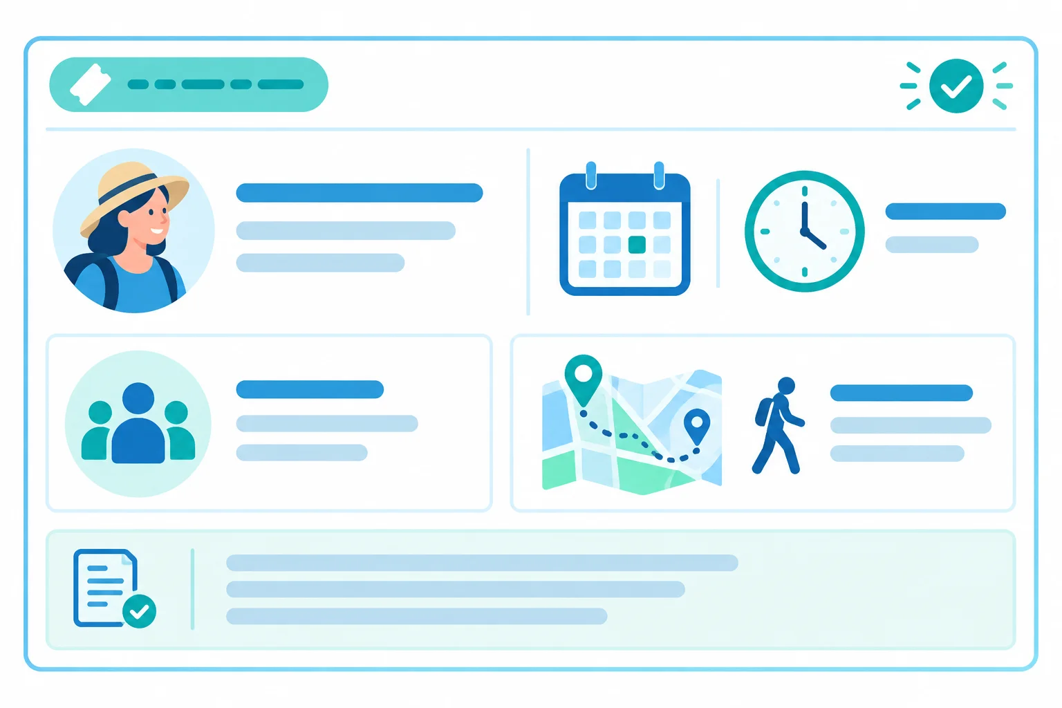 Ilustração de uma confirmação de passeio com áreas separadas para código, pessoa, data e horário, quantidade, serviço e condições.