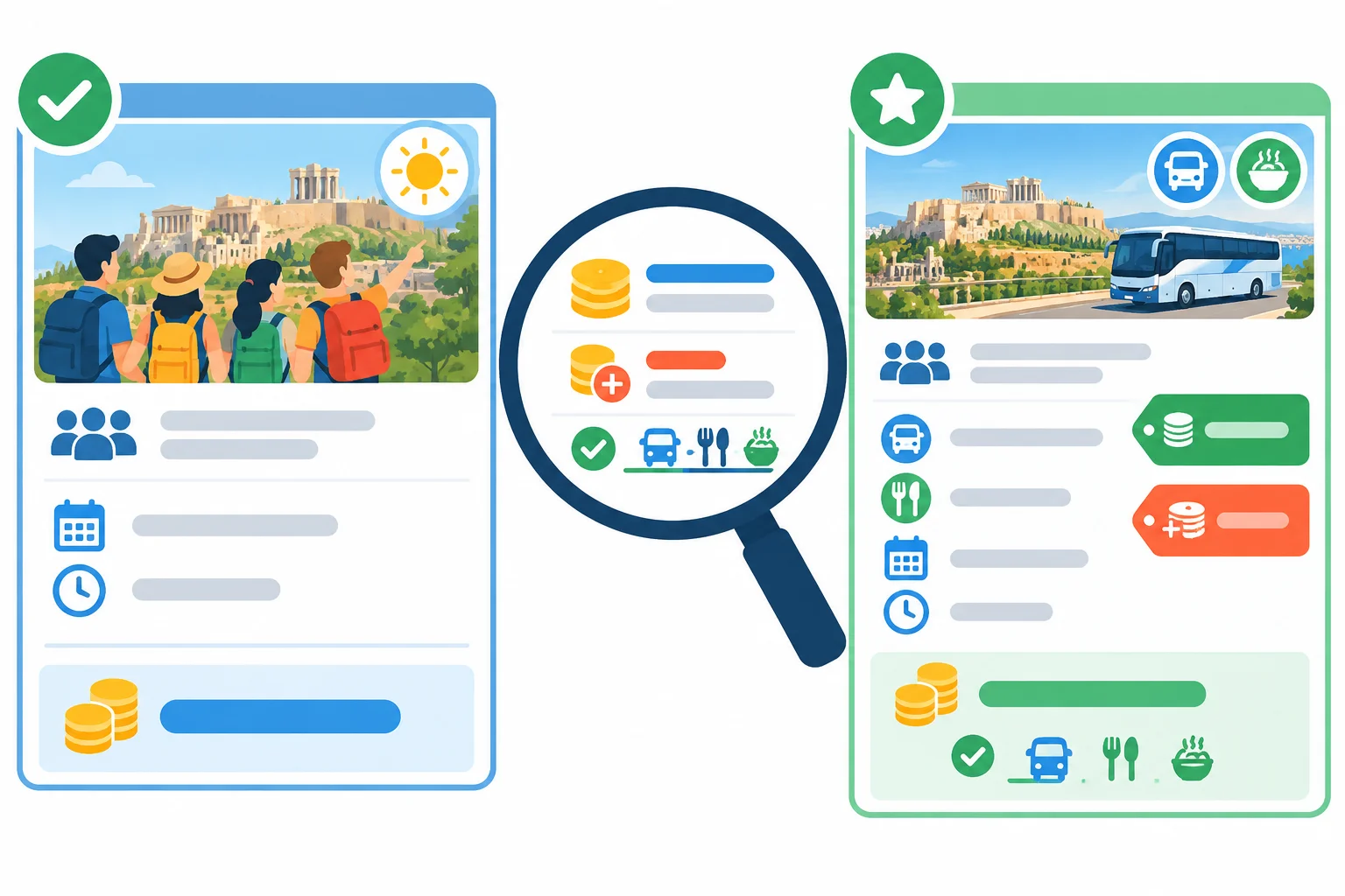 Diagrama comparando uma confirmação original com uma alternativa, destacando preço total, taxa adicional e serviços incluídos.