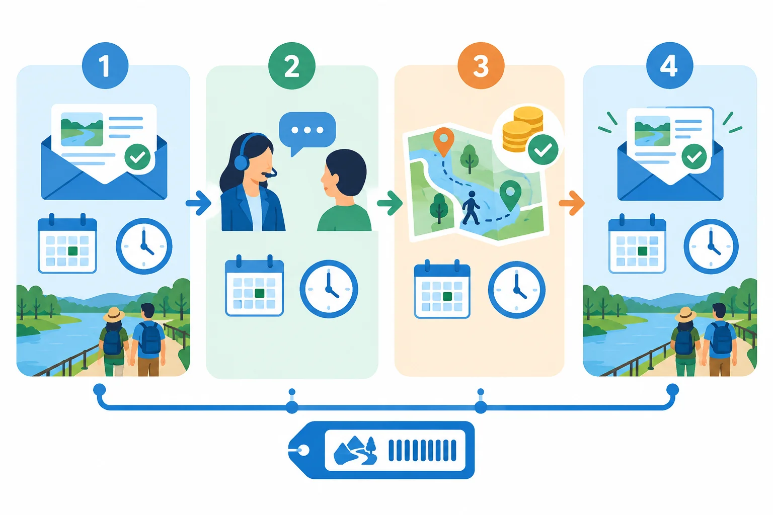 Fluxo visual de uma única reserva: confirmação inicial, atendimento, alternativa e confirmação atualizada.