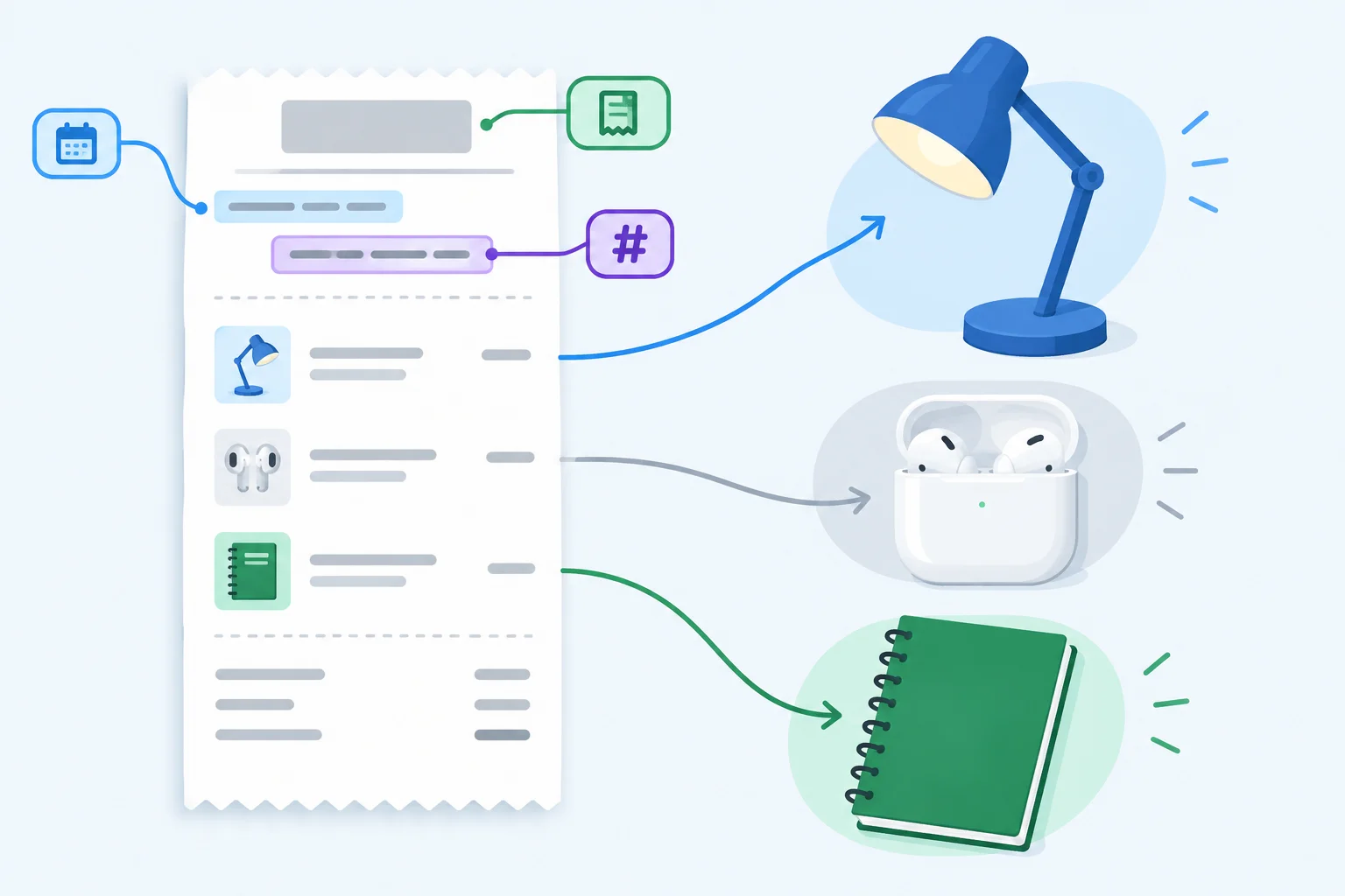 Comprovante fictício ligado visualmente a uma luminária azul, um estojo de fones branco e um caderno verde.