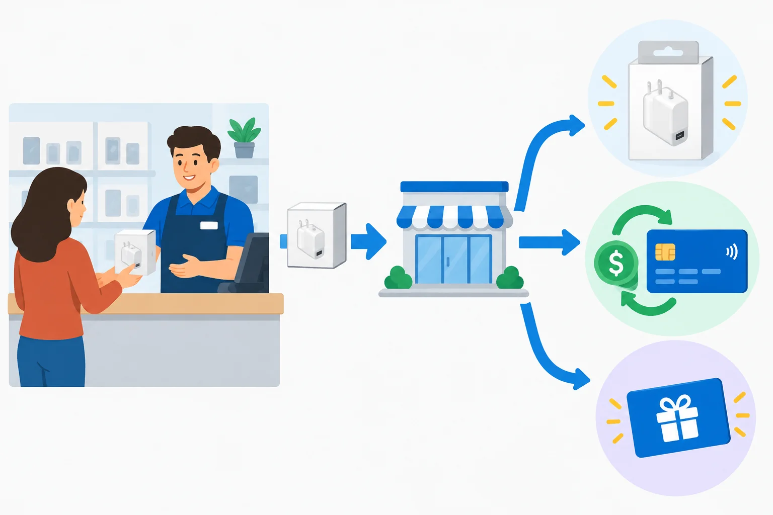 Diagrama mostrando um produto sendo devolvido e três resultados visuais possíveis: outro produto, dinheiro voltando ao cartão e crédito para uso na loja.