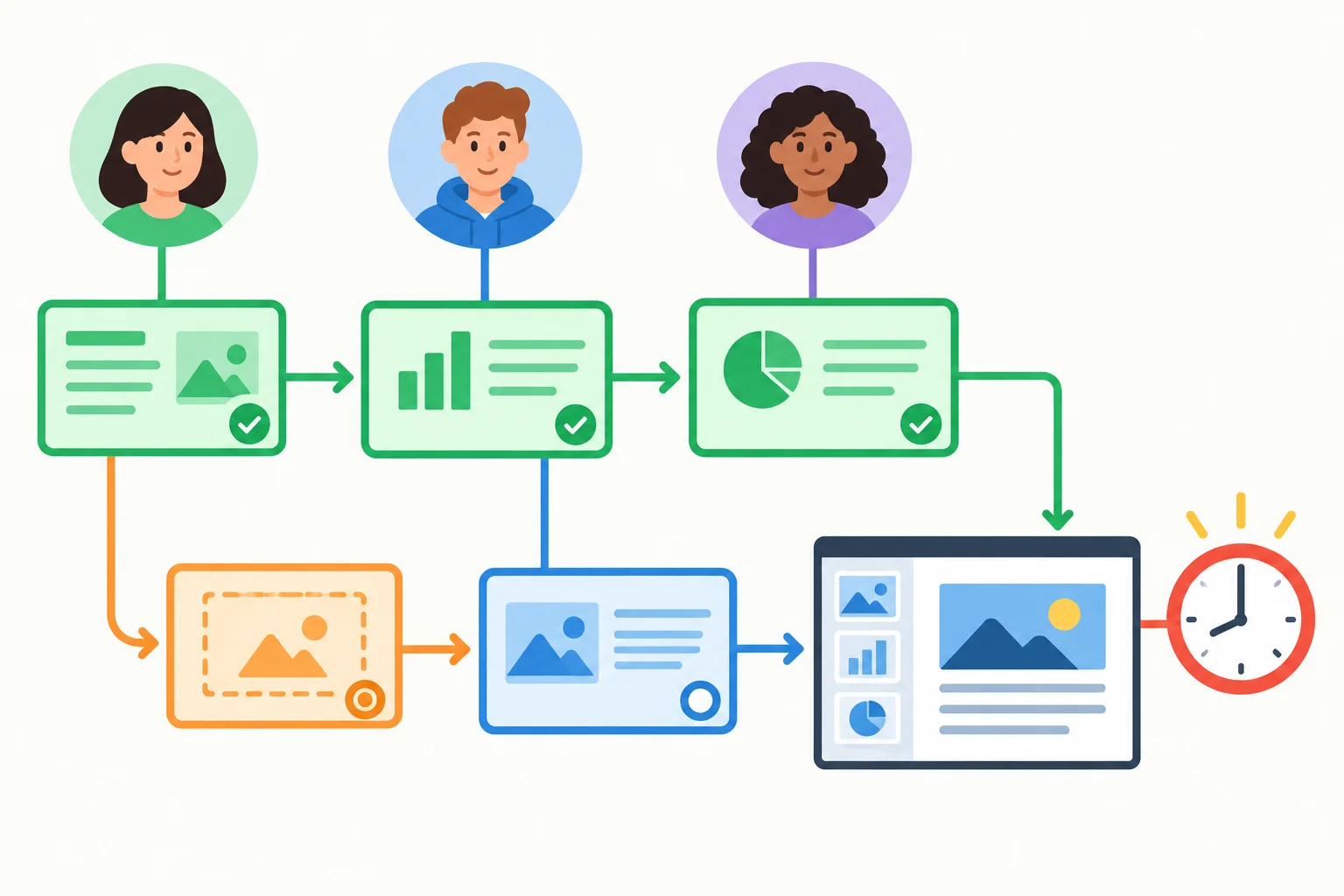 Diagrama de uma apresentação com captions prontos, fotos pendentes, três participantes e prazo às 8 p.m.