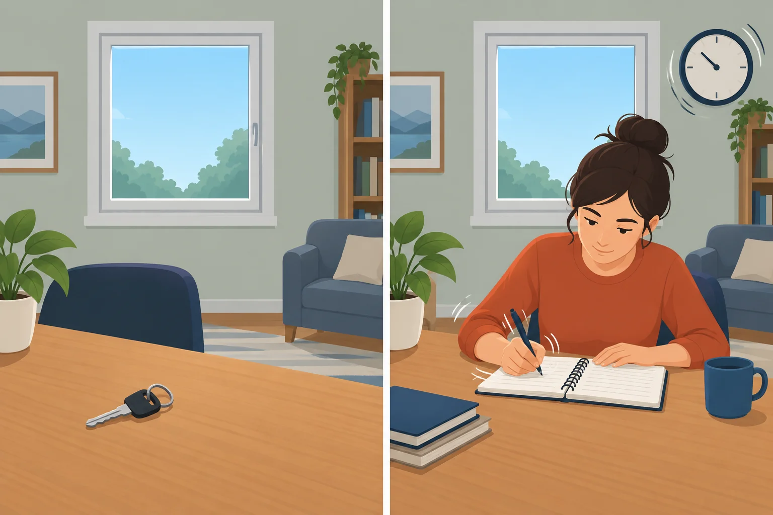Comparação visual entre uma situação estável em uma sala e uma pessoa realizando uma tarefa de escrita.