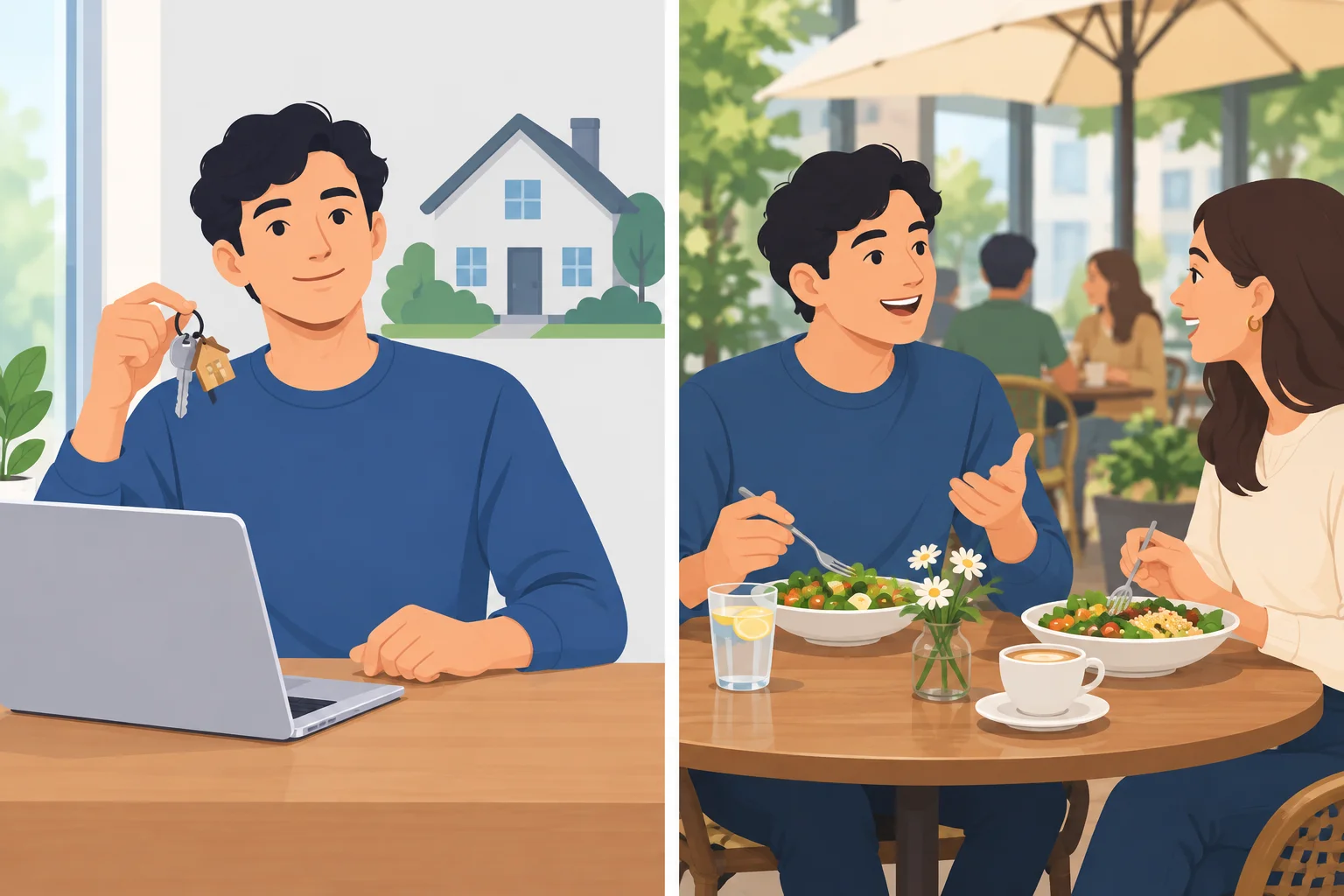 Comparação visual entre possuir um laptop e estar almoçando em um café.