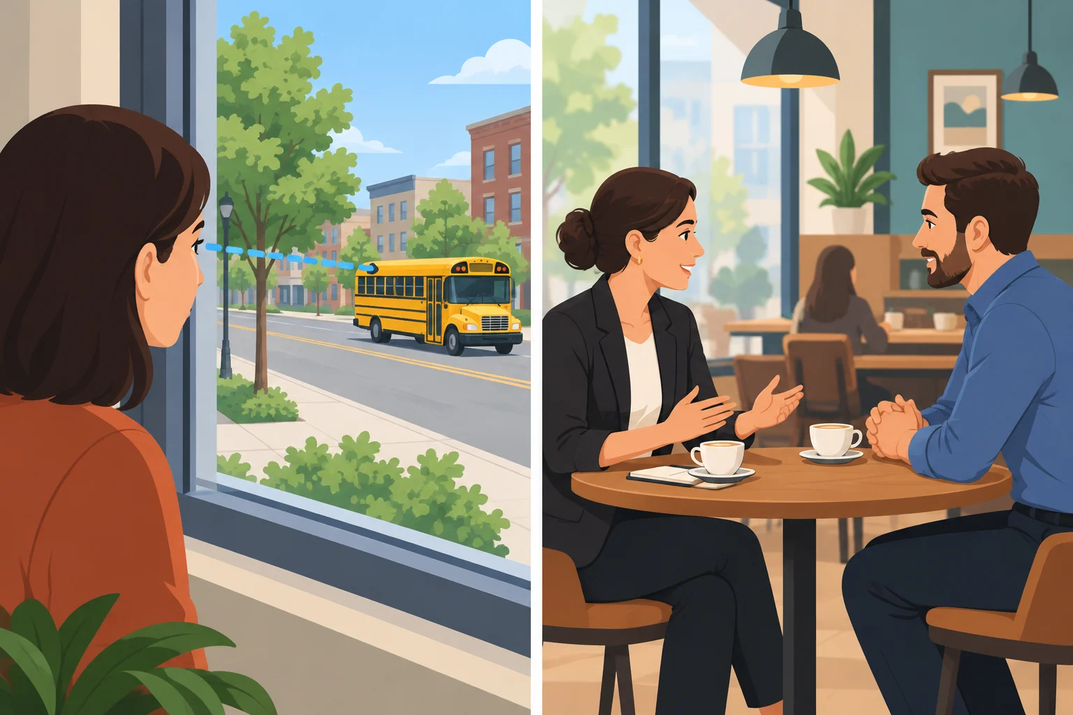 Comparação entre perceber um ônibus pela janela e encontrar uma pessoa em um café.