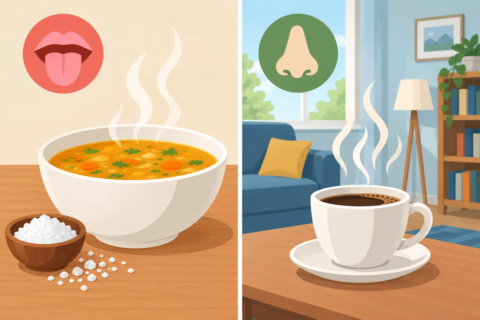 Uma sopa e um ambiente com café representam propriedades de sabor e cheiro.