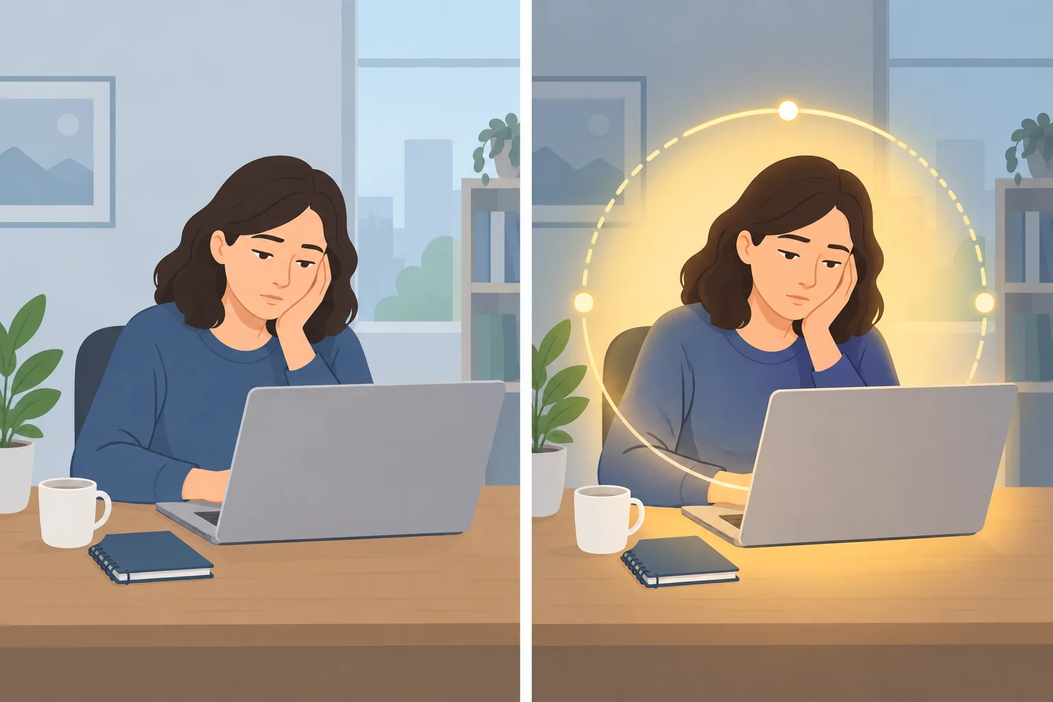 Comparação visual entre uma observação neutra de cansaço e uma sensação destacada no momento atual.