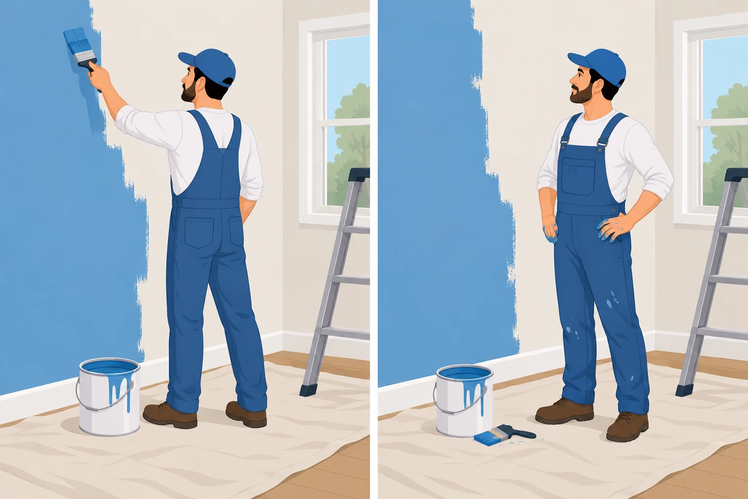 Comparação entre uma pessoa ainda pintando e a mesma pessoa que acabou de colocar o pincel de lado.
