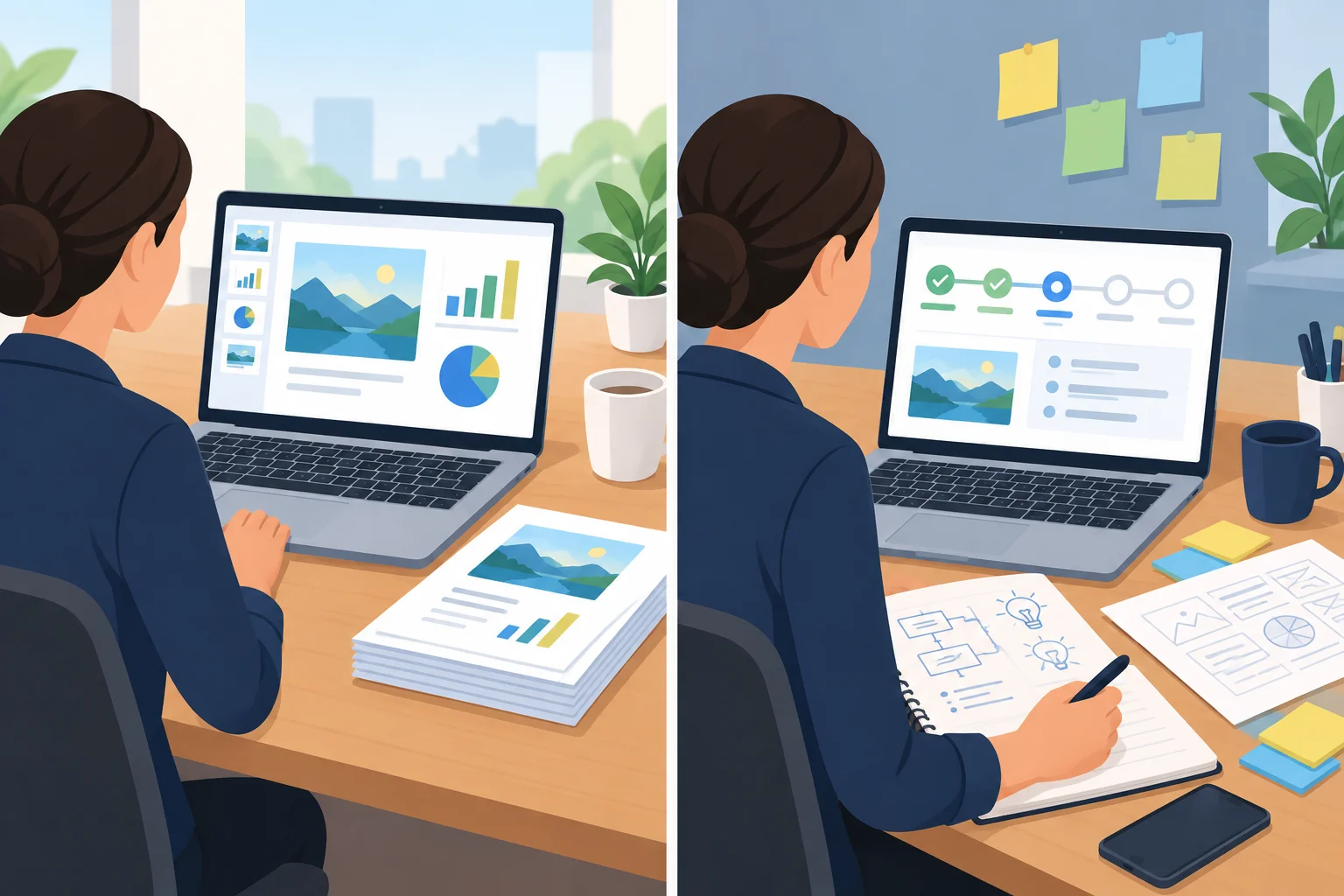 Comparação entre uma apresentação pronta e a atividade de prepará-la em desenvolvimento.