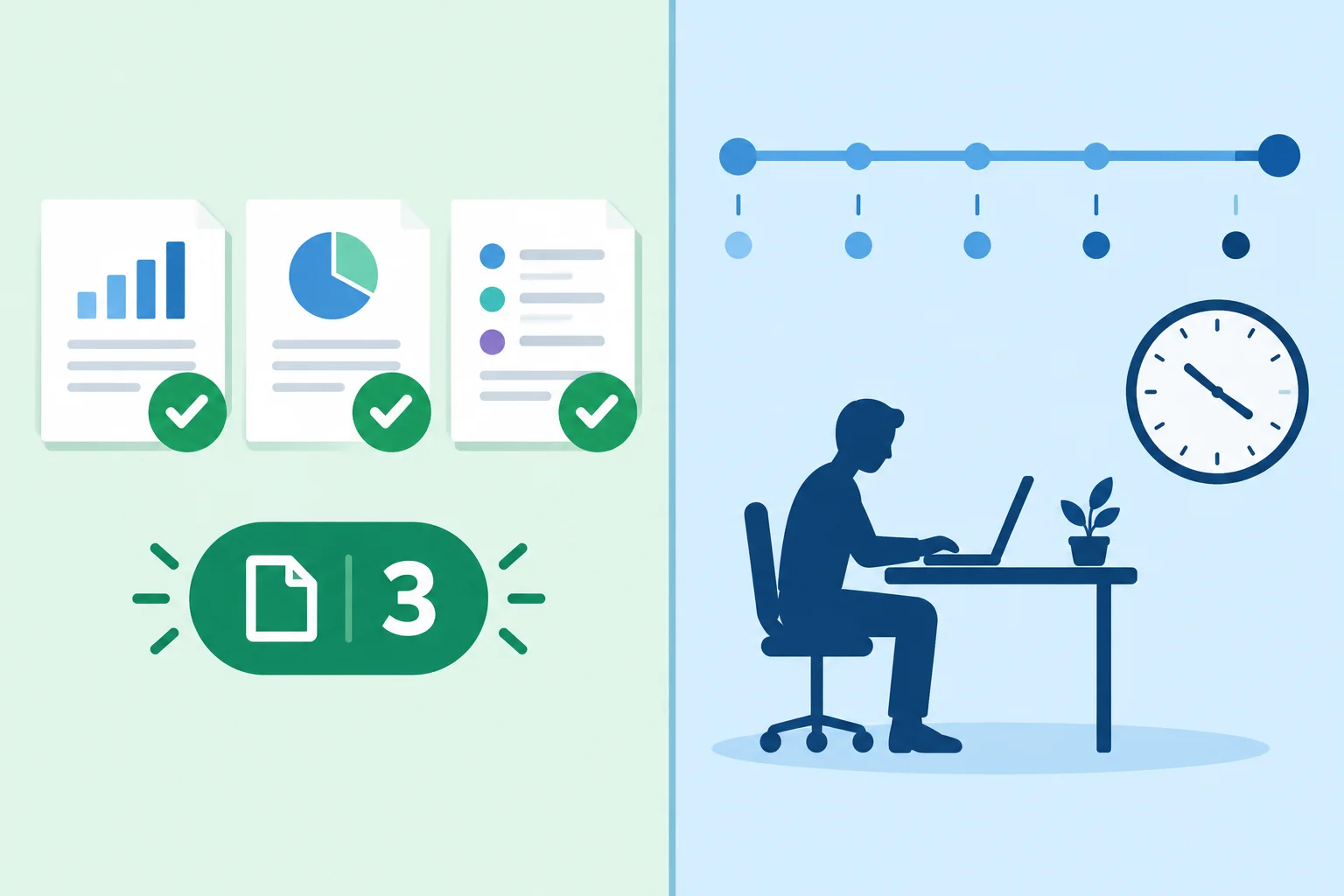Comparação visual entre três documentos concluídos e uma linha do tempo mostrando horas de trabalho.