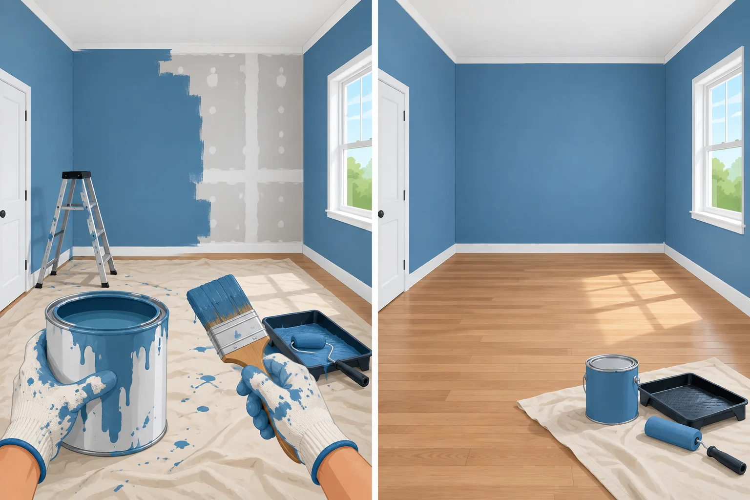 Comparação entre sinais de pintura recente com uma parede ainda inacabada e um cômodo totalmente pintado.