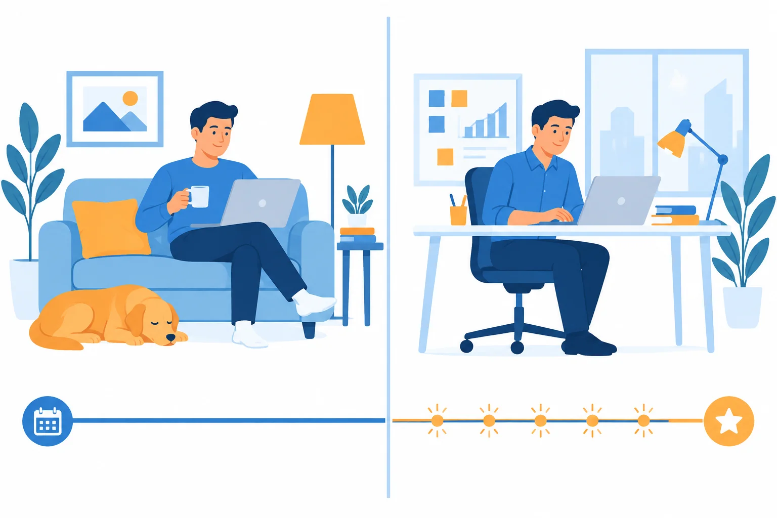 Comparação visual de uma mesma linha do tempo até o presente: à esquerda, a situação como um todo; à direita, seu desenvolvimento.
