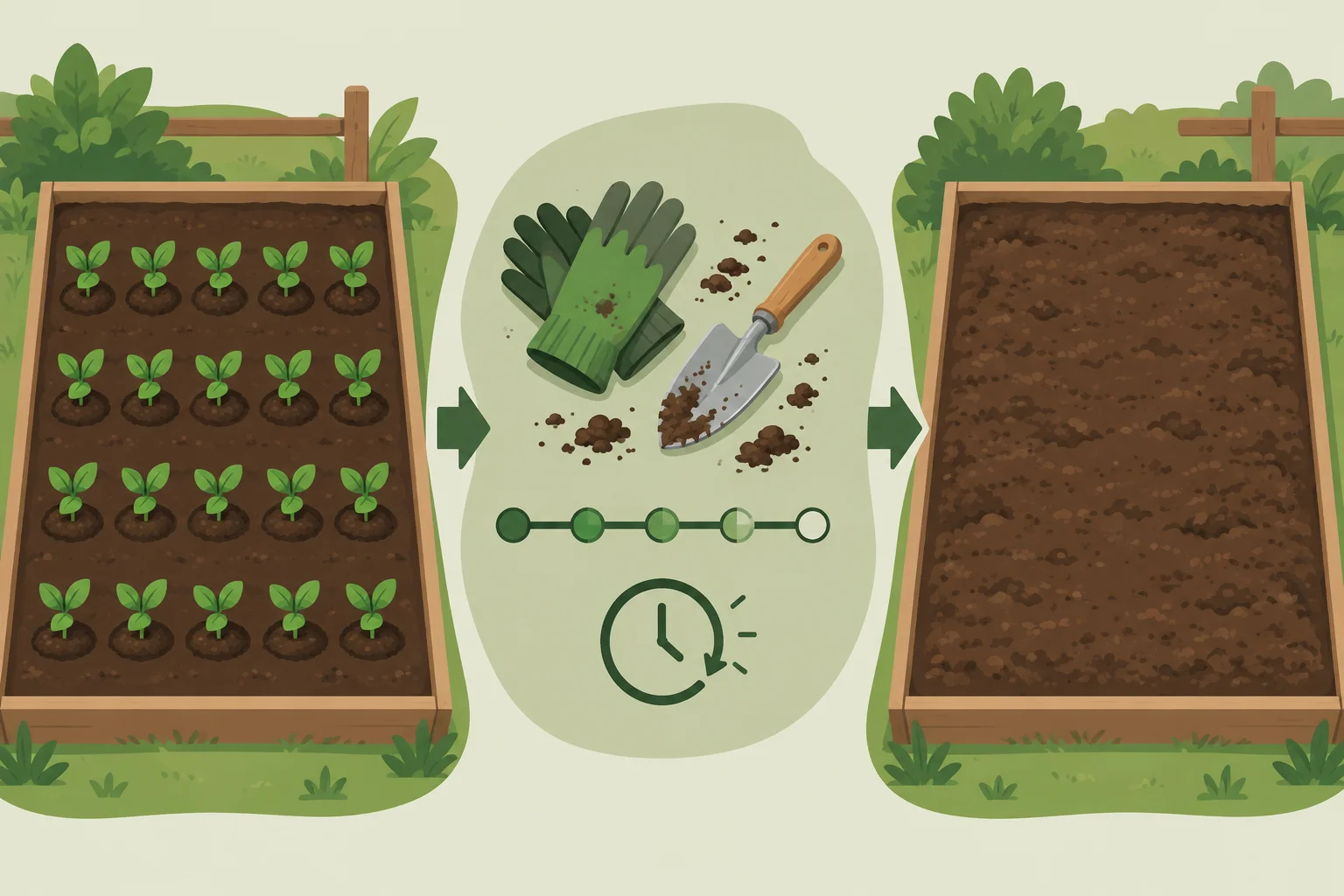 Infográfico com 18 mudas plantadas, uma linha de tempo de trabalho no jardim e uma área ainda não confirmada como concluída.