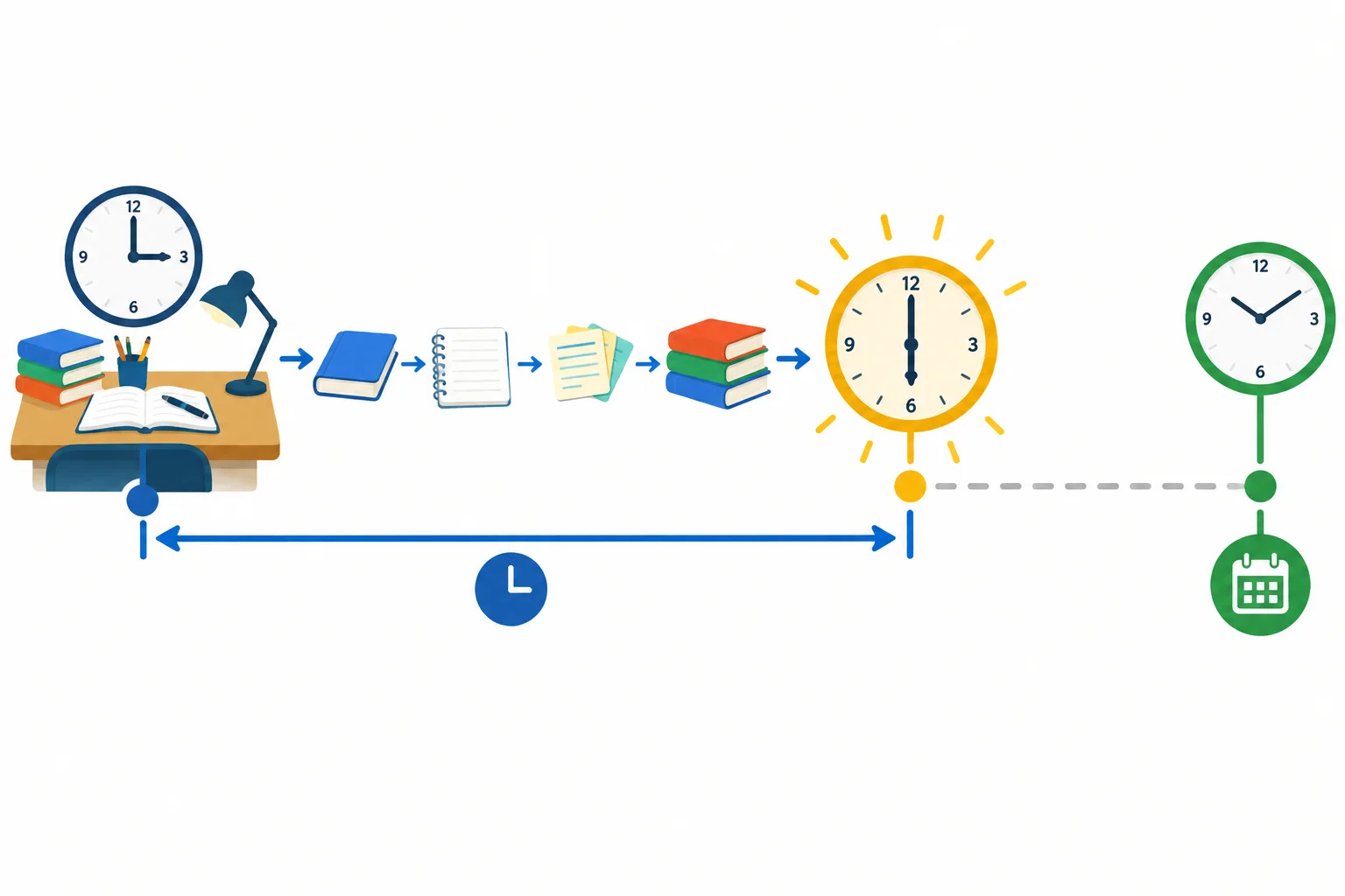 Uma linha do tempo mostra o estudo começando às 3 p.m. e chegando ao marco passado de 6 p.m.; o presente aparece separado à direita.