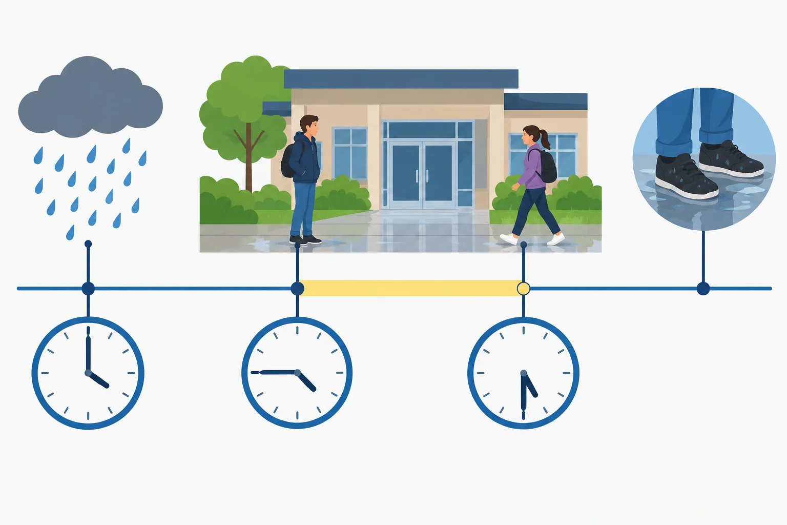 Linha do tempo mostrando o início da chuva às 16h, o início da espera de Leo às 16h45 e a chegada de Nora às 17h30.