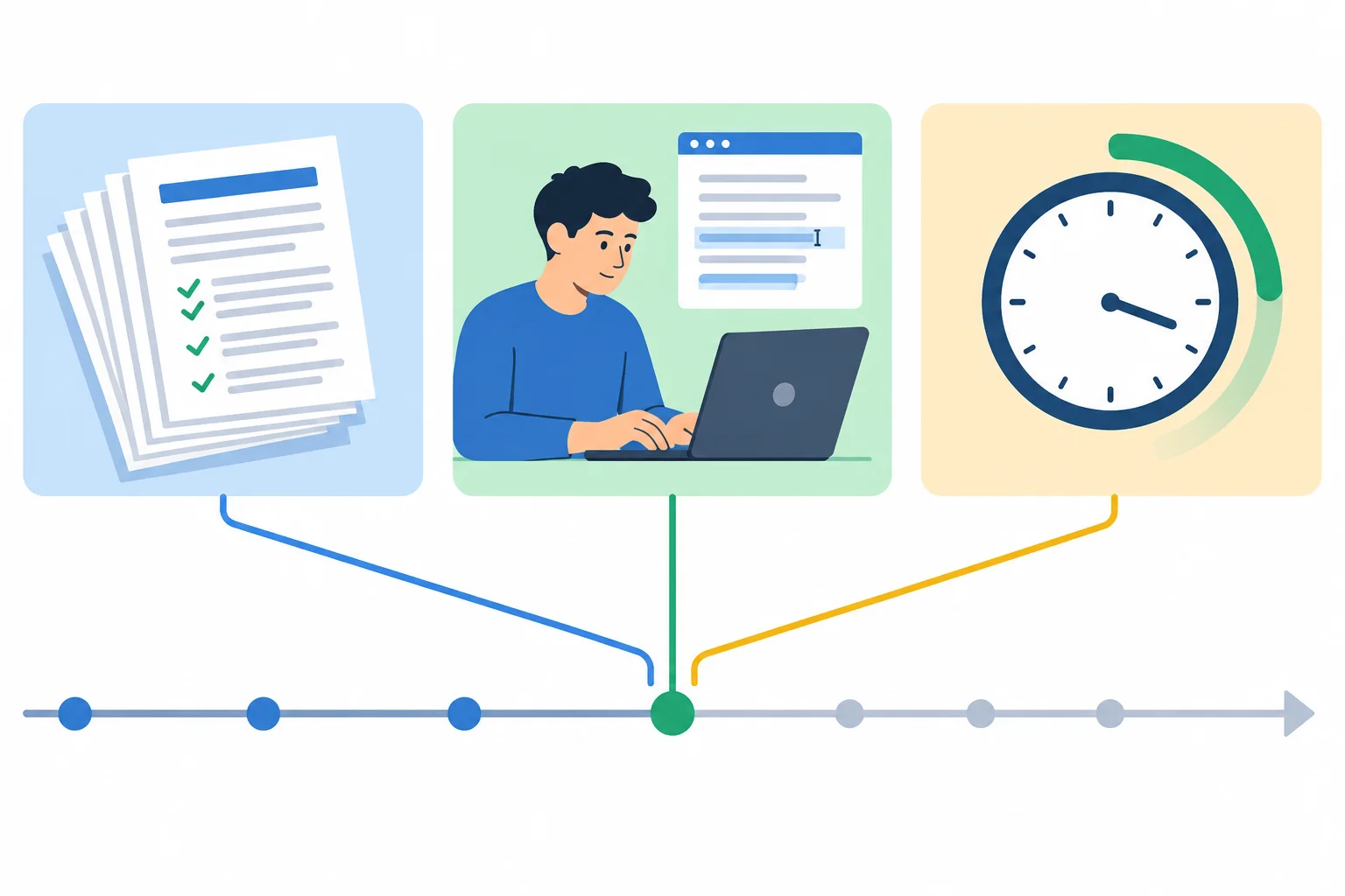 Linha do tempo com um marco futuro e três perspectivas: atividade acontecendo, trabalho concluído e duração acumulada.