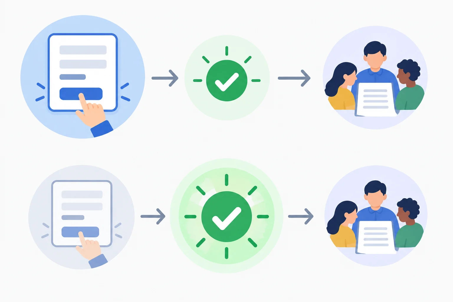 Diagrama com duas linhas do tempo paralelas: em ambas, o envio de um formulário acontece antes da revisão; na linha inferior, a conclusão do envio recebe maior destaque visual.