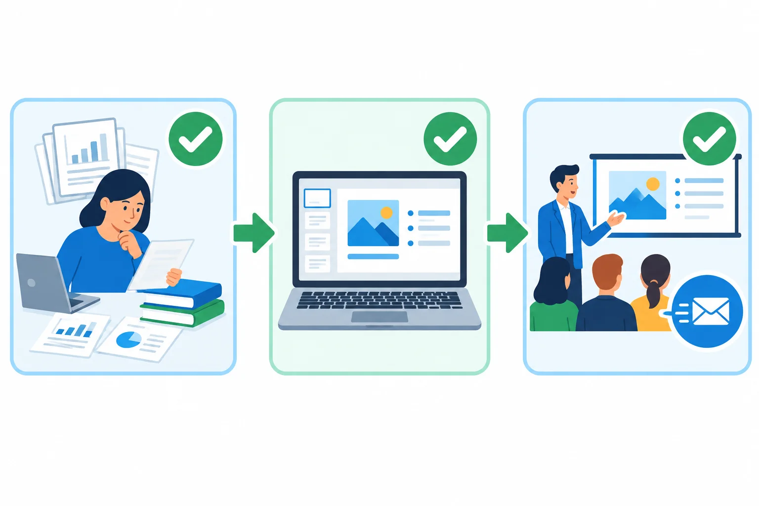 Diagrama com três etapas: verificar fontes, finalizar slides e ensaiar/enviar a apresentação; cada conclusão aponta para a próxima etapa.