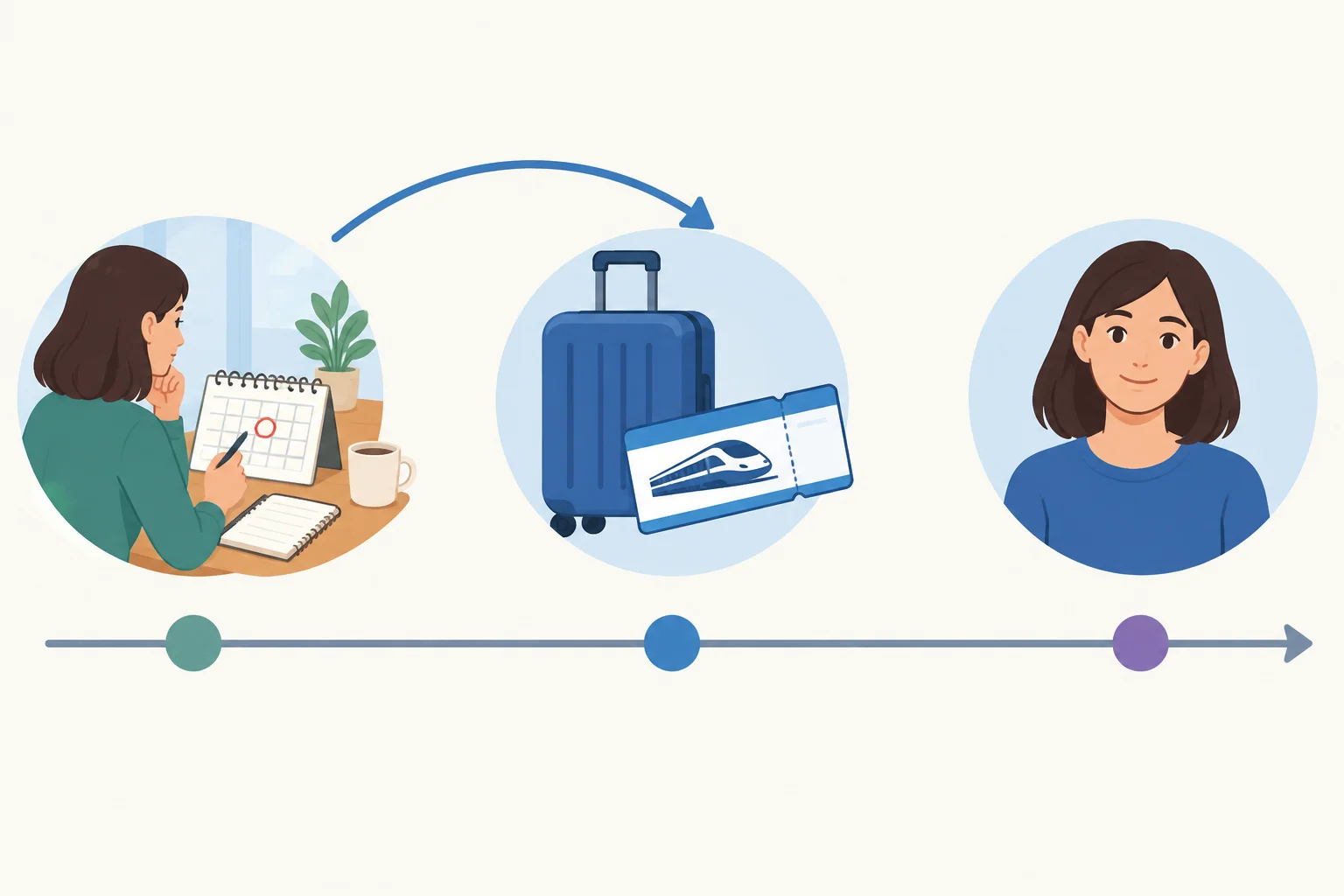Linha do tempo mostrando uma pessoa fazendo um plano em um momento passado para uma viagem em um momento posterior.