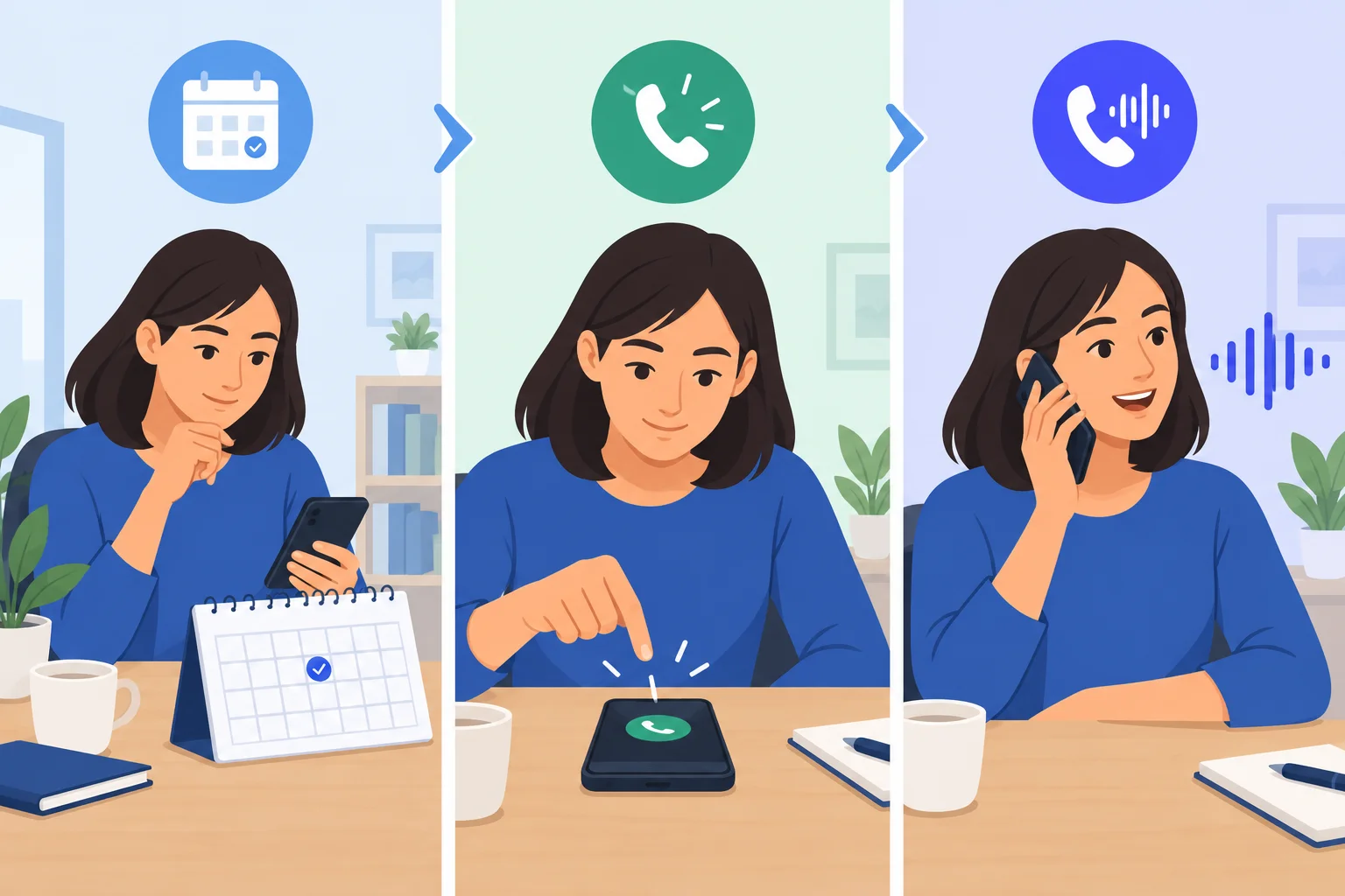 Três momentos com a mesma pessoa e um telefone: planejamento, dedo prestes a tocar no botão de chamada e ligação já em curso.